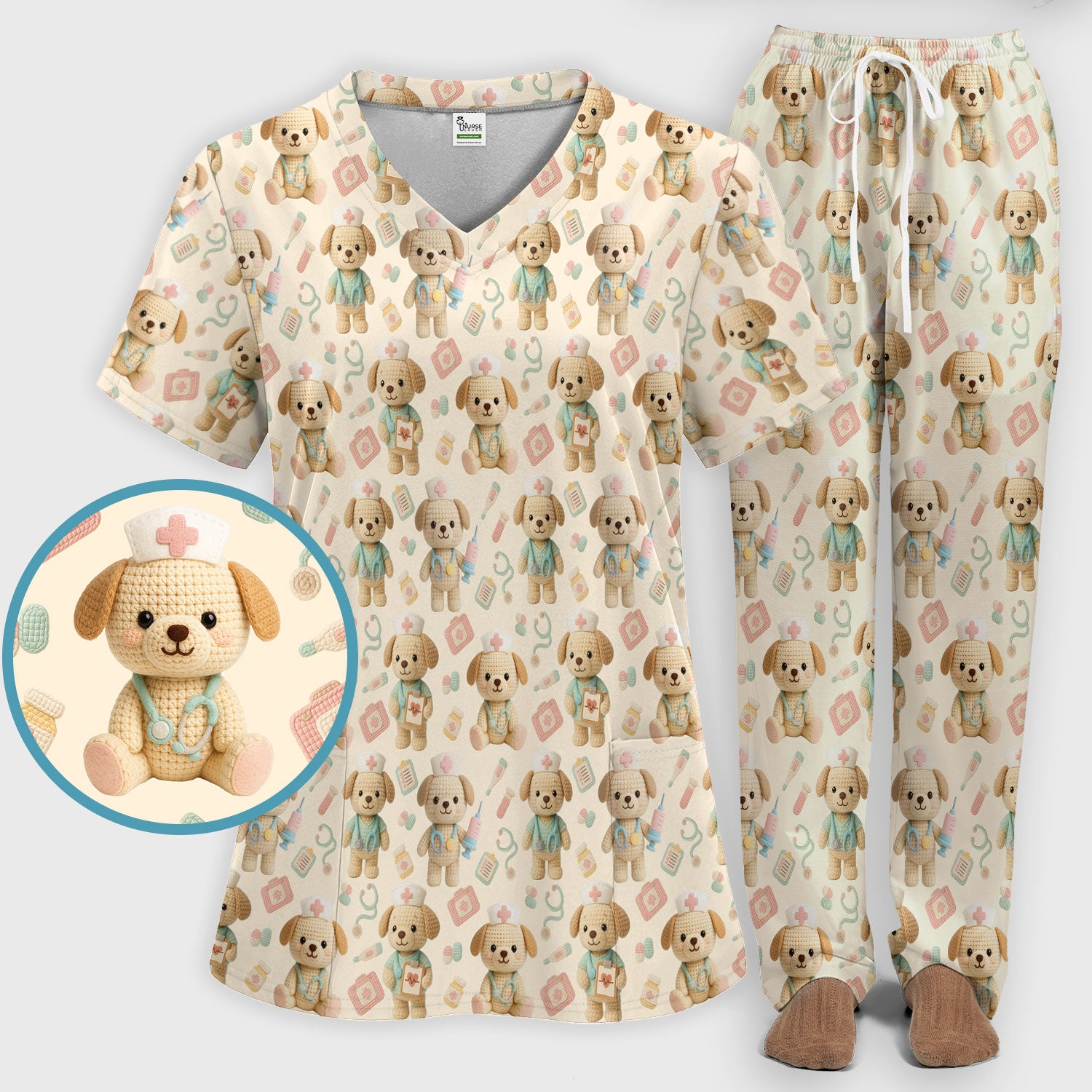 Cute Labrador Scrub Set for Nurse - Pastel Crochet Dog Scrubs Pants and V Neck Top - Adorable Puppy Med Uniform Gift for Women