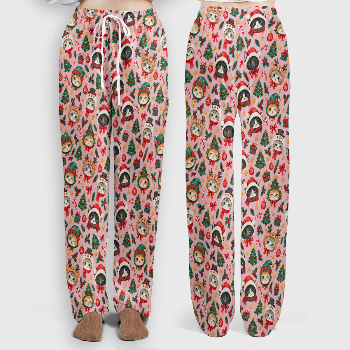 Christmas Cats And Trees Pattern Scrub Set, Scrub Pants and V Neck Top