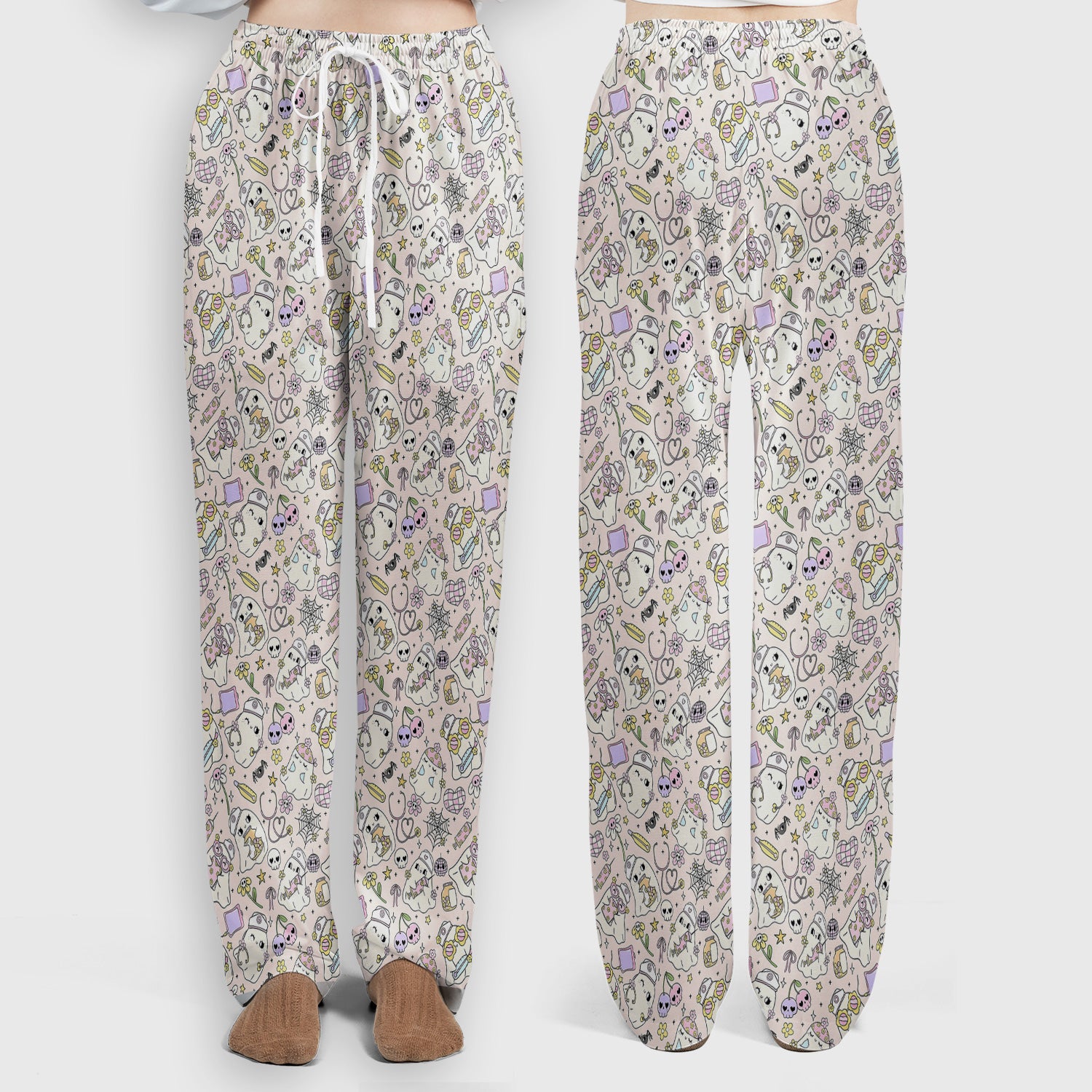 Cute Halloween Nurse Ghosts Pattern Scrub Set, Scrub Pants and V Neck Top