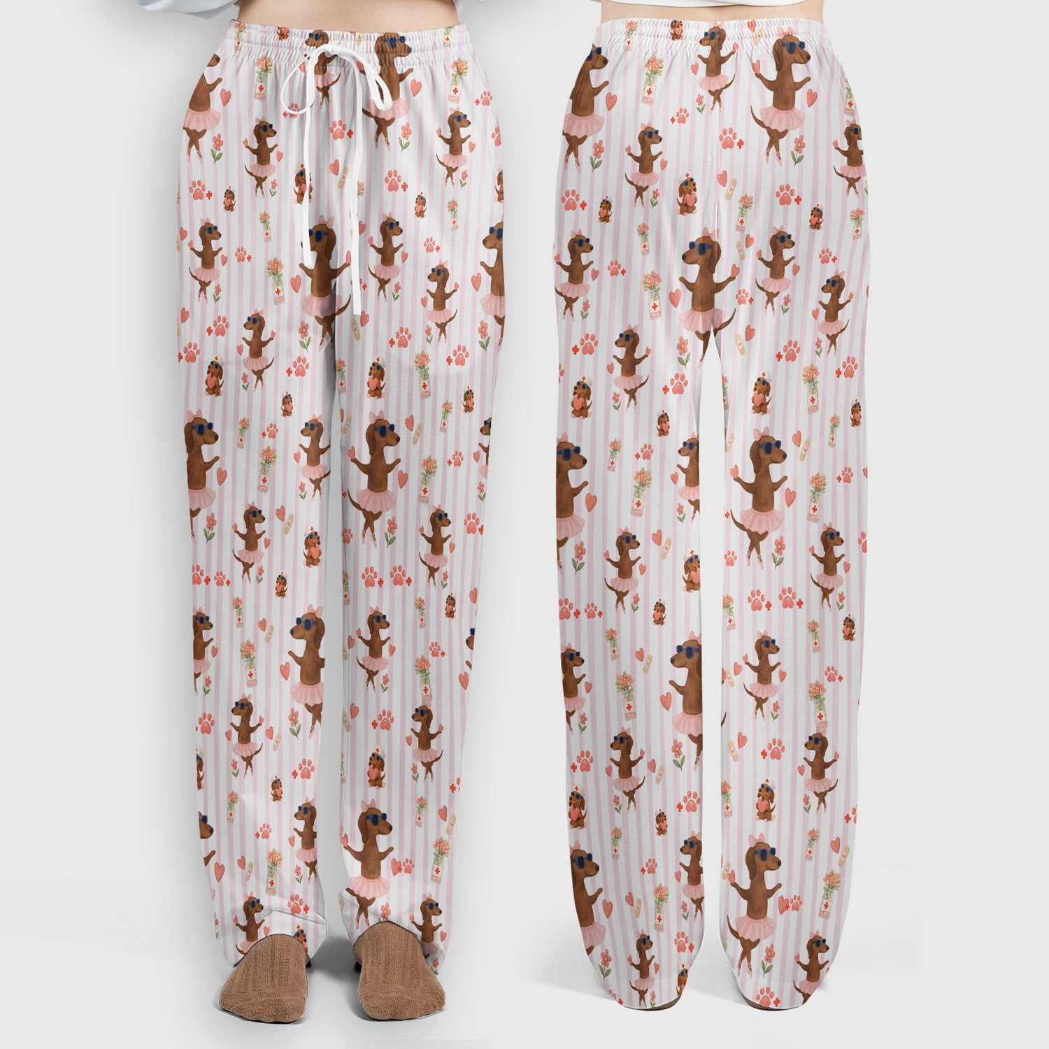Cute Dachshund Dog Ballet Tutu Hearts Pattern Scrub Set, Scrub Pants and V Neck Top