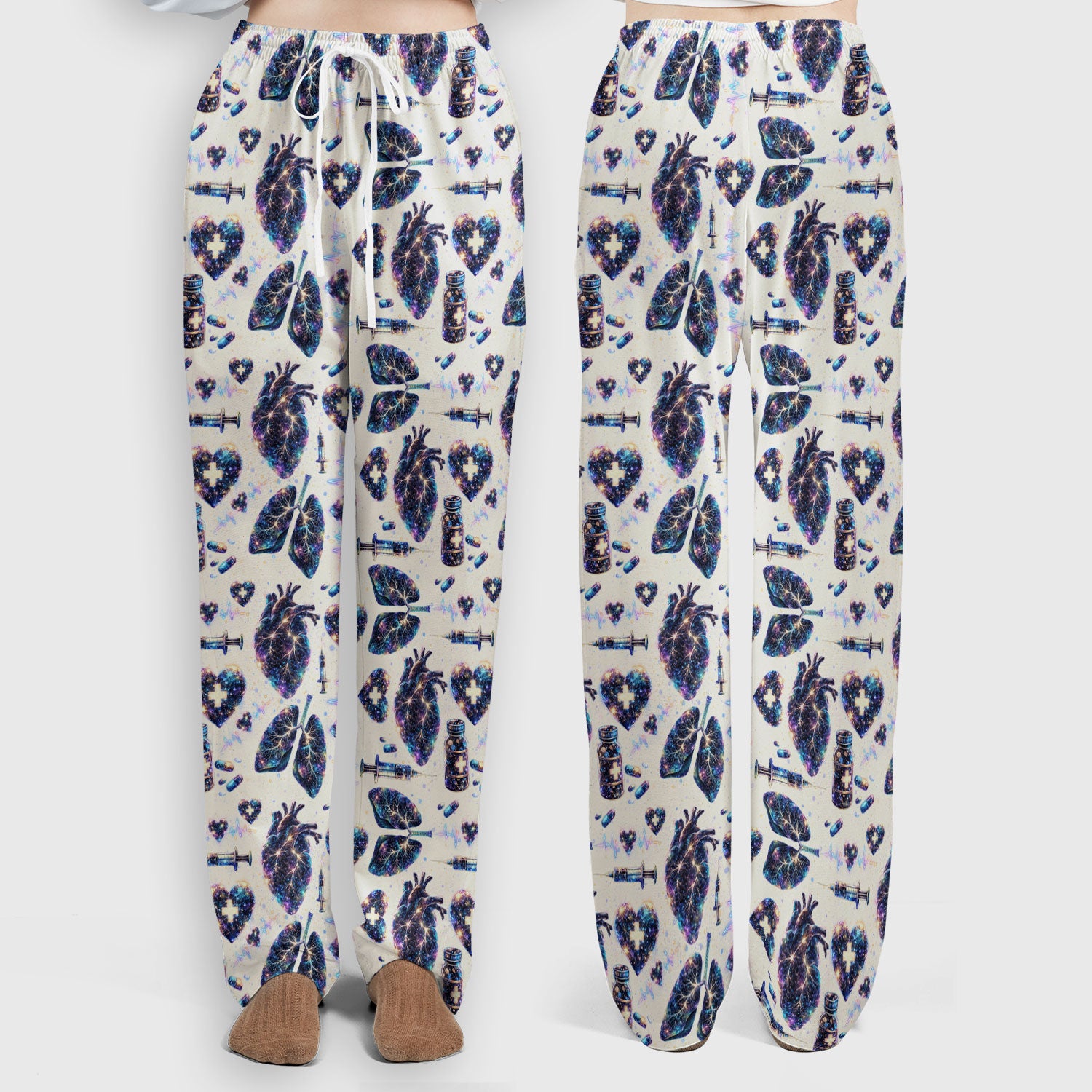 Galaxy Anatomical Heart Lung Syringe Print Scrub Set, Breathable Med Uniform