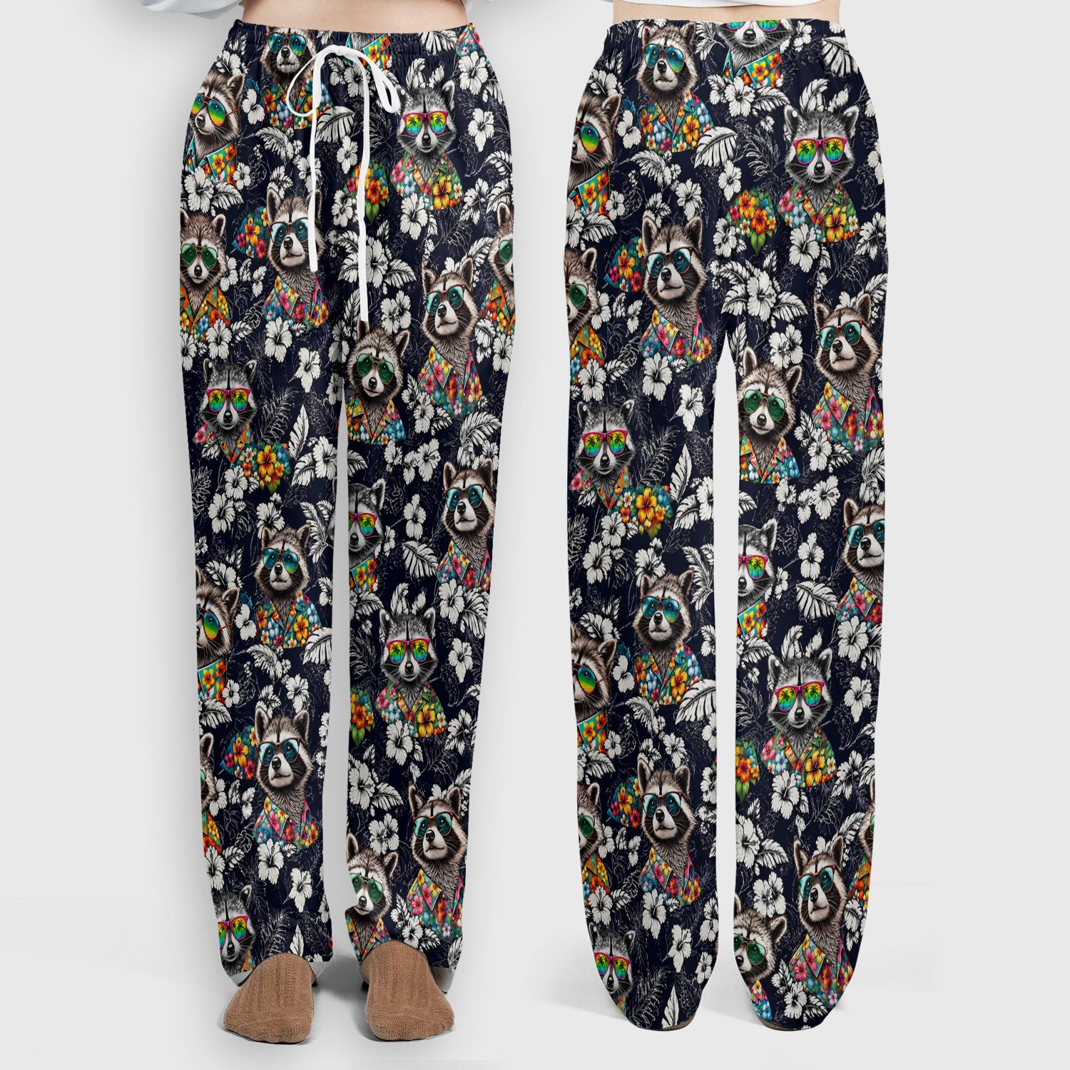 Tropical Raccoon Floral Pattern Scrub Set, Scrub Pants and V Neck Top