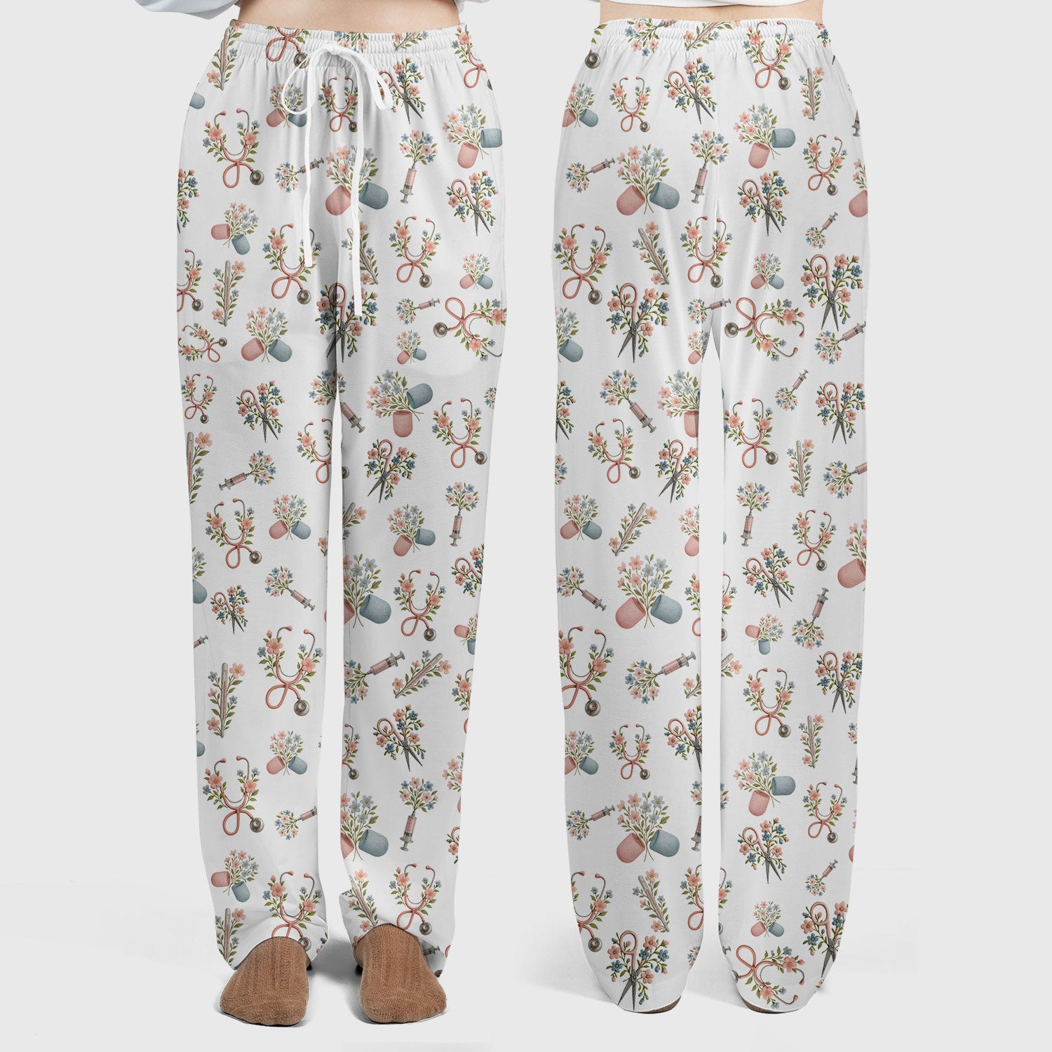 Floral Medical Scrub Set, Elegant Stethoscope With Flower Nursing Shirt, Breathable Fabrics Nurse Uniform