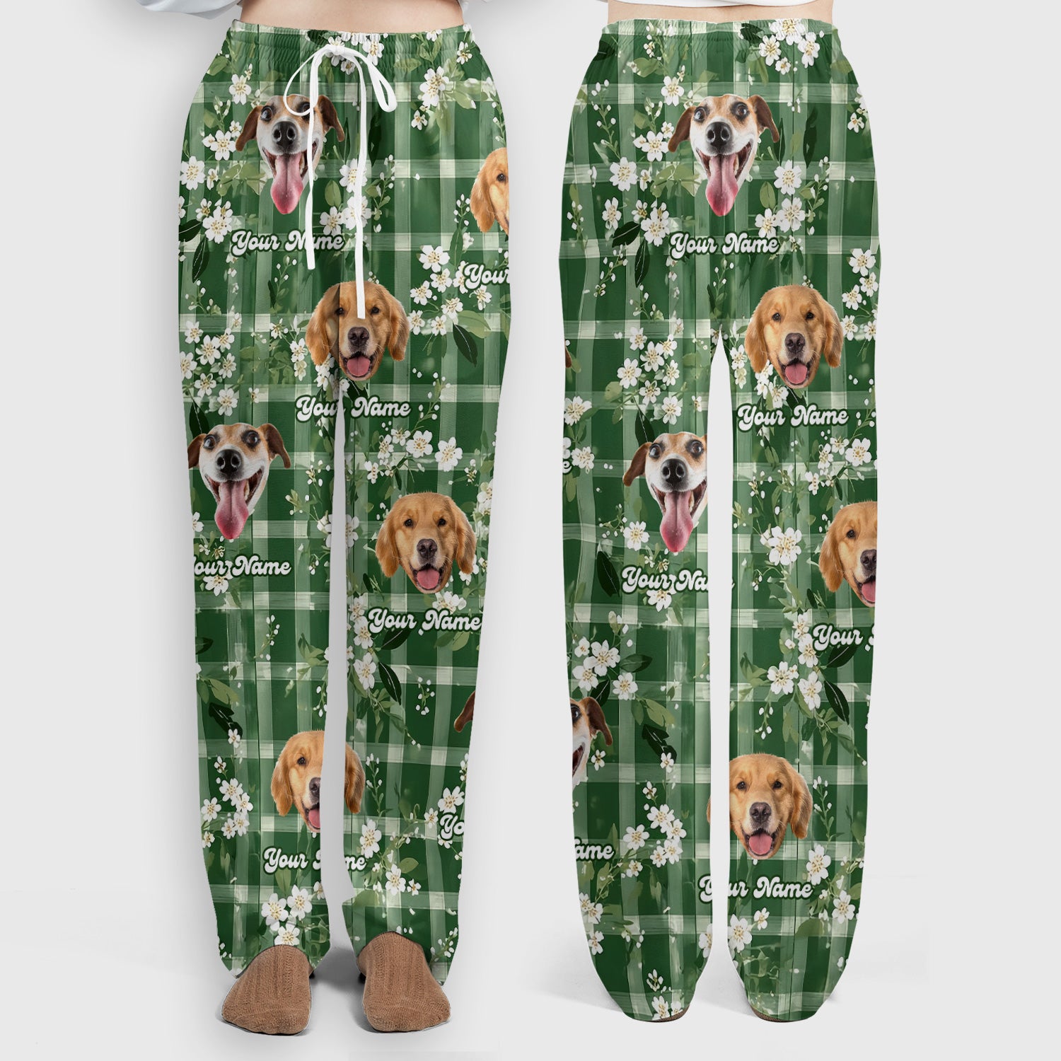 Custom Dog Face Scrub Set, Dog Green Plaid Floral Pattern Shirt, Scrub Pants and V Neck Top