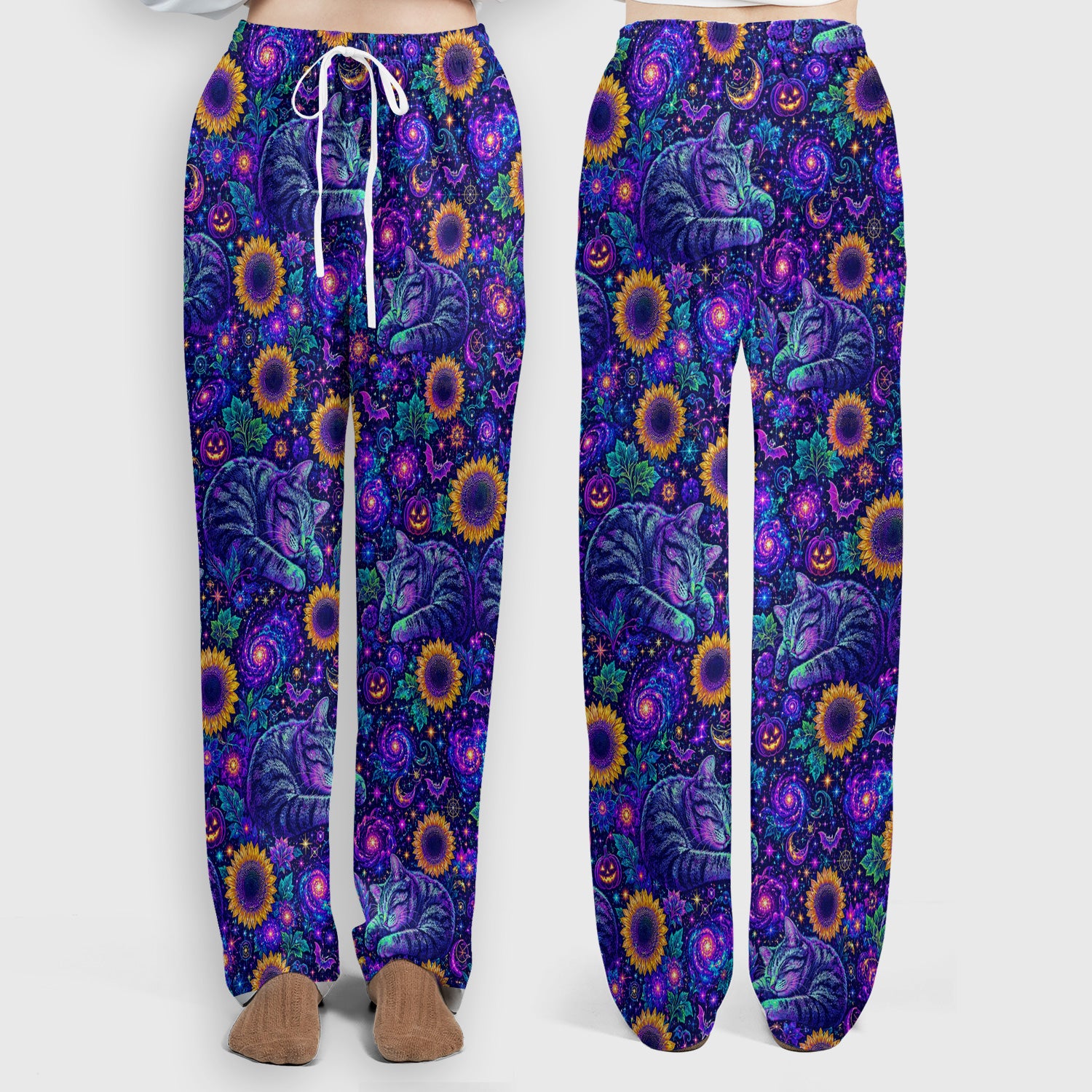 Spooky Galaxy Cat And Sunflowers Scrub Set, Scrub Pants and V Neck Top
