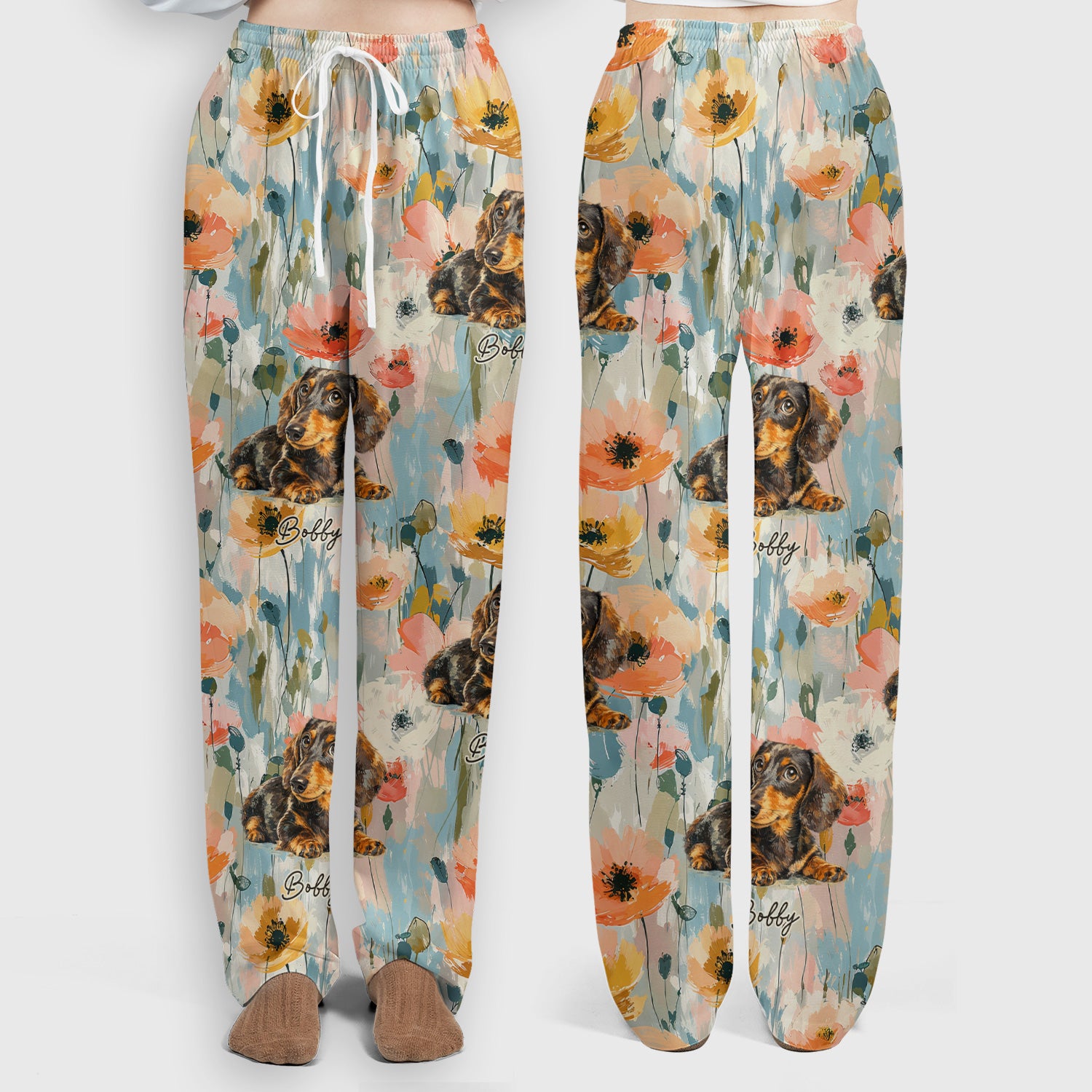 Personalized Dachshund Floral Portrait Pattern Scrub Set, Scrub Pants and V Neck Top