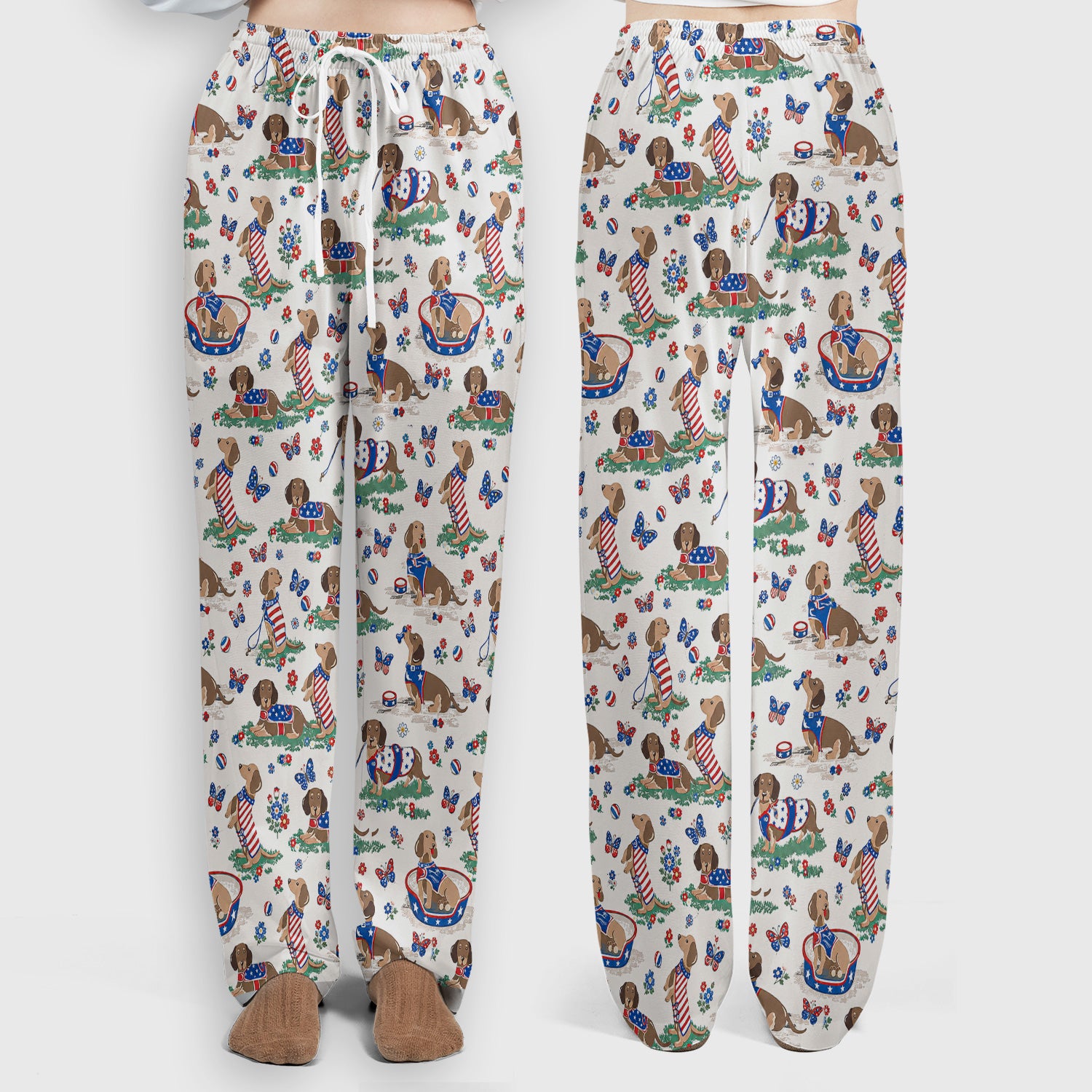 Patriotic Dachshund Garden Party Pattern Scrub Set, Scrub Pants and V Neck Top