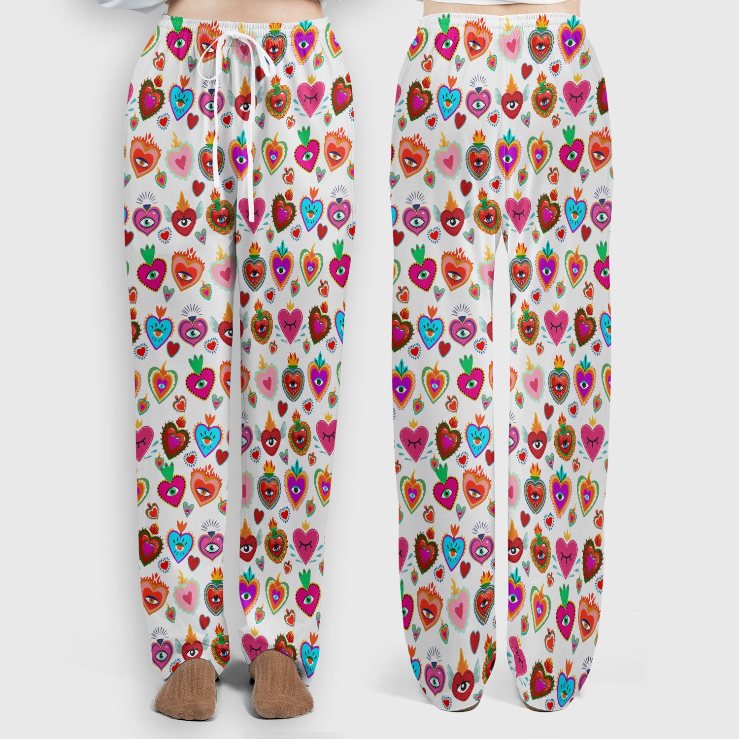 Valentine Colorful Sacred Heart Print Women's Scrub Set, Scrub Pants and V Neck Top