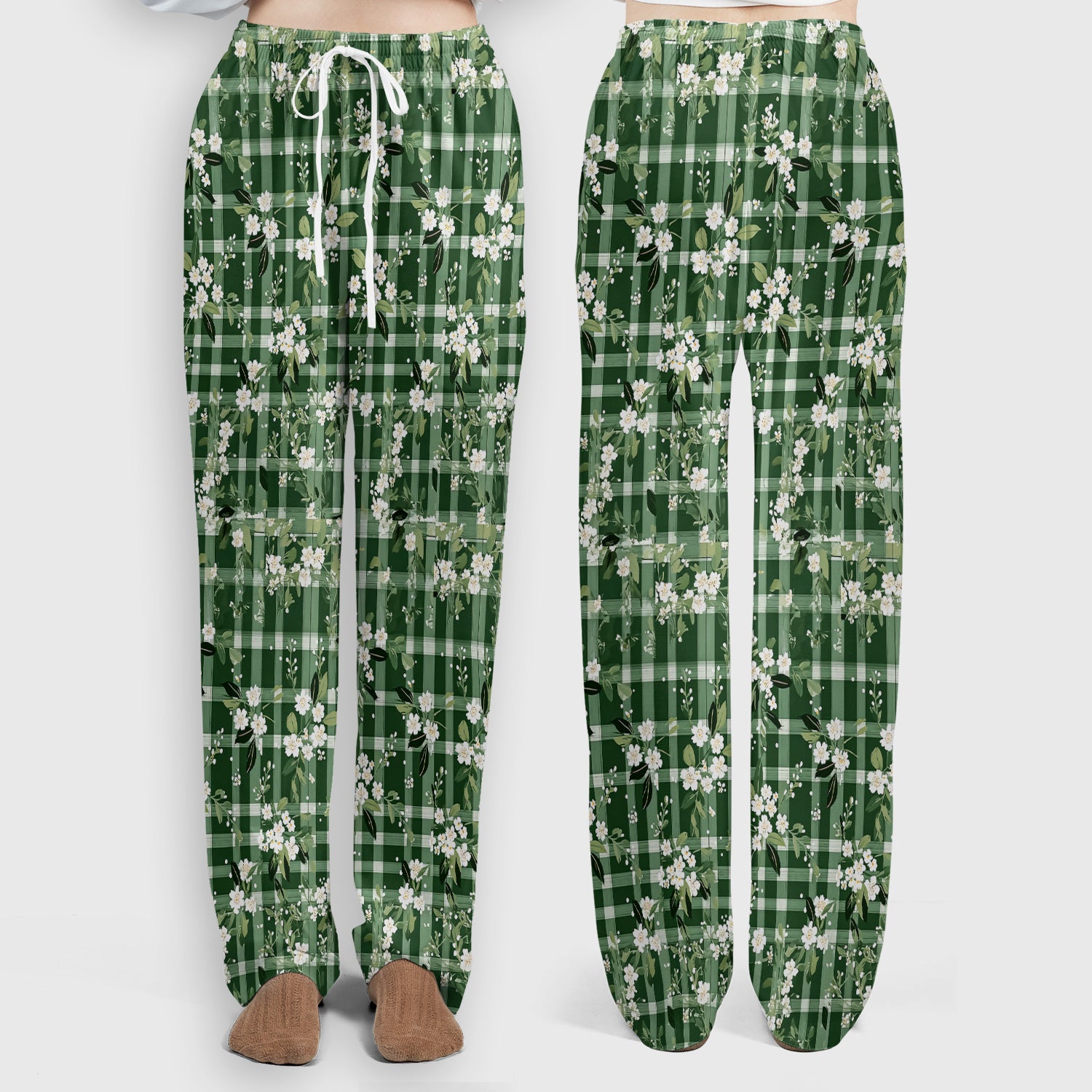 Cute Green Gingham Floral Print Scrub Set, Women's Scrub Sets