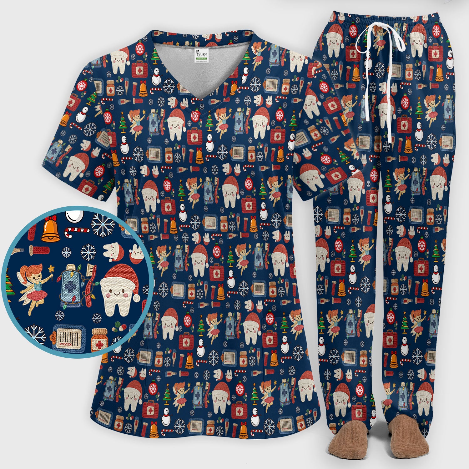 Christmas Dental Scrub Set - Cute Santa Tooth & Snowman Scrubs Pants and V Neck Top - Funny Holiday Gift for Dentists, Hygienists