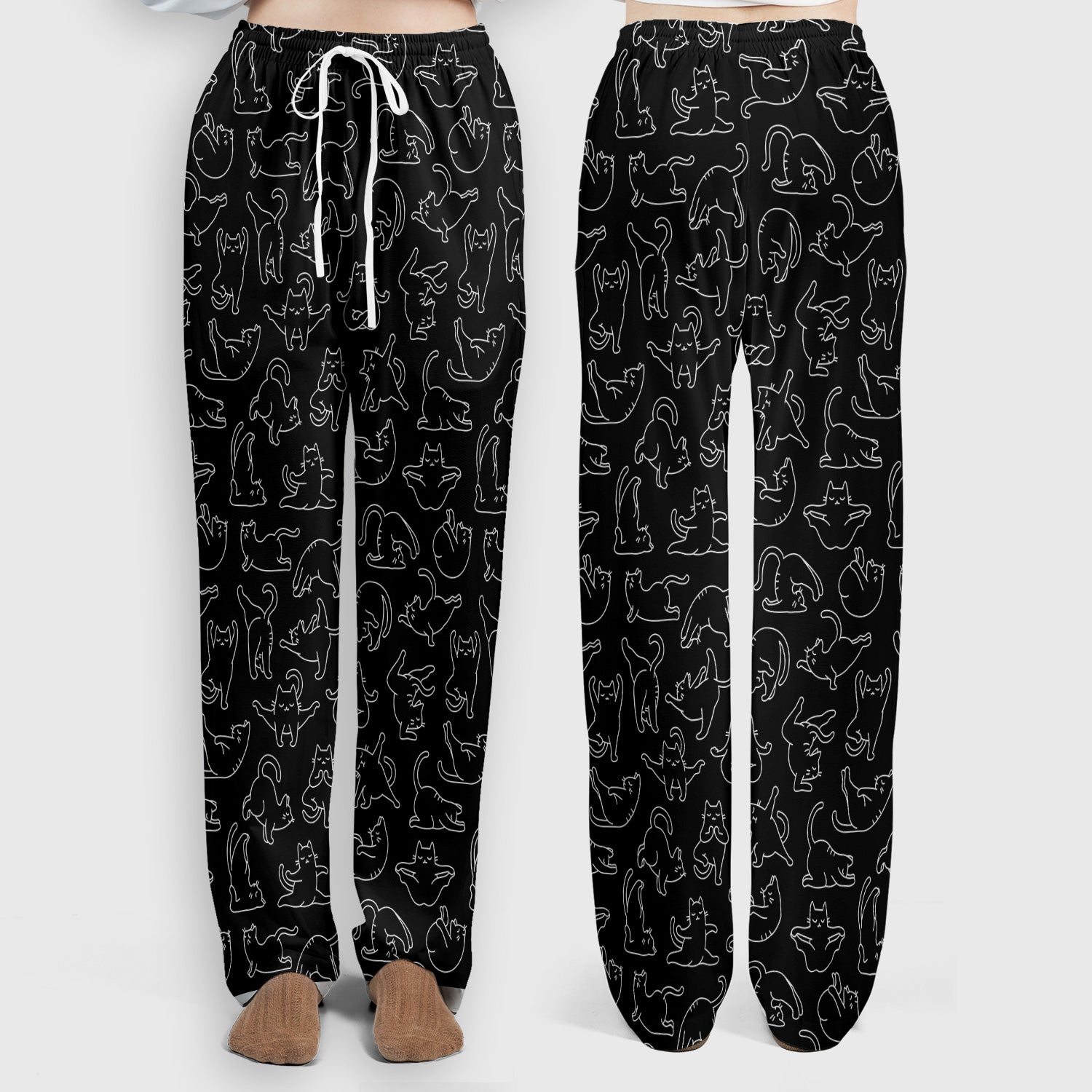 Cute Cat Outline Playing Pattern Scrub Set, Scrub Pants and V Neck Top