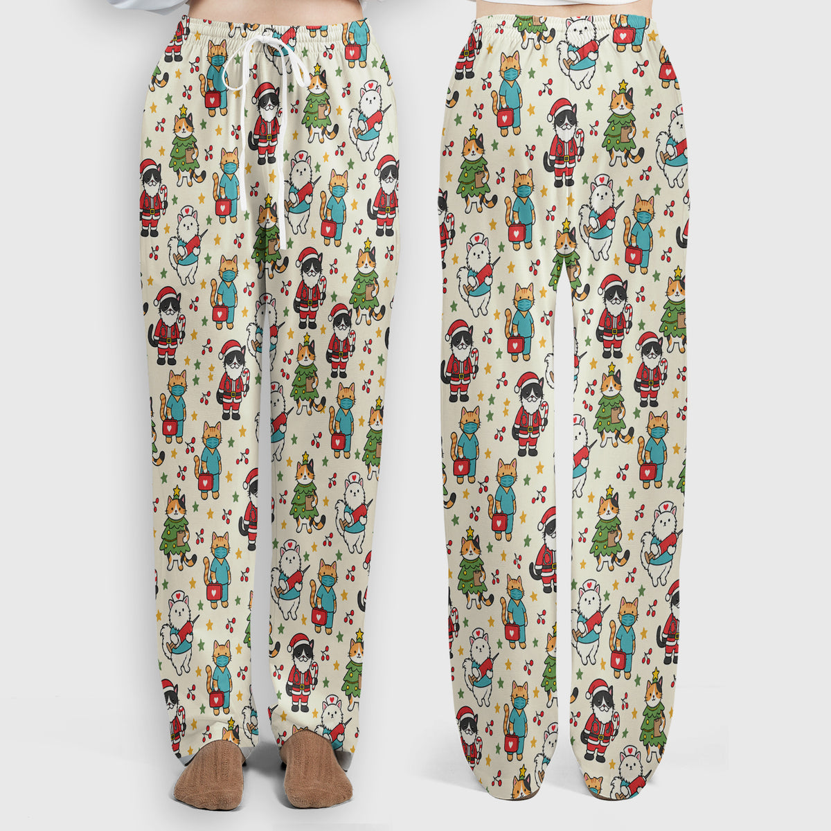 Christmas Cats In Nurse And Santa Outfits Scrub Set, Scrub Pants and V Neck Top