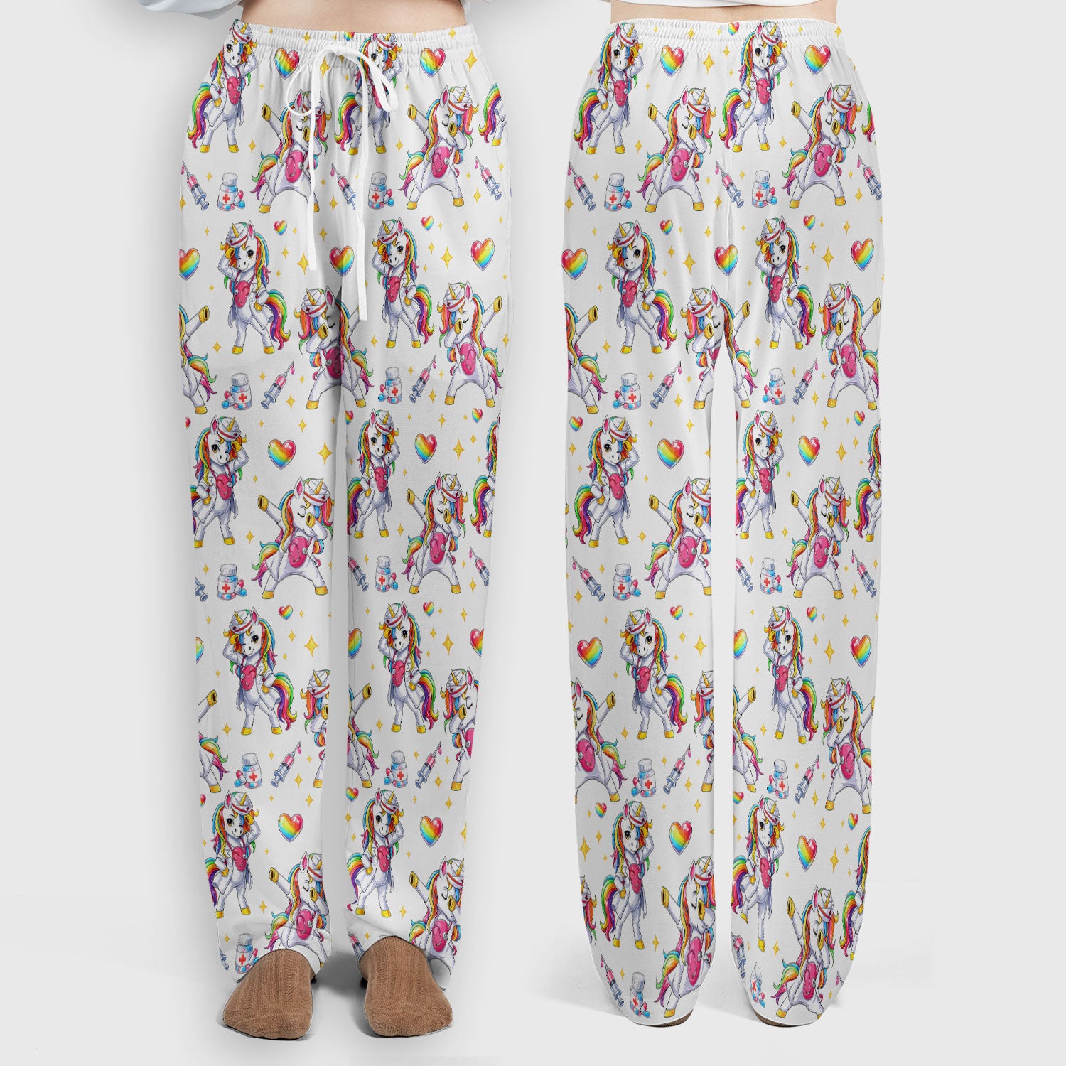 Playful Nurse Unicorn Rainbow Pattern Scrub Set, Breathable Med Uniform
