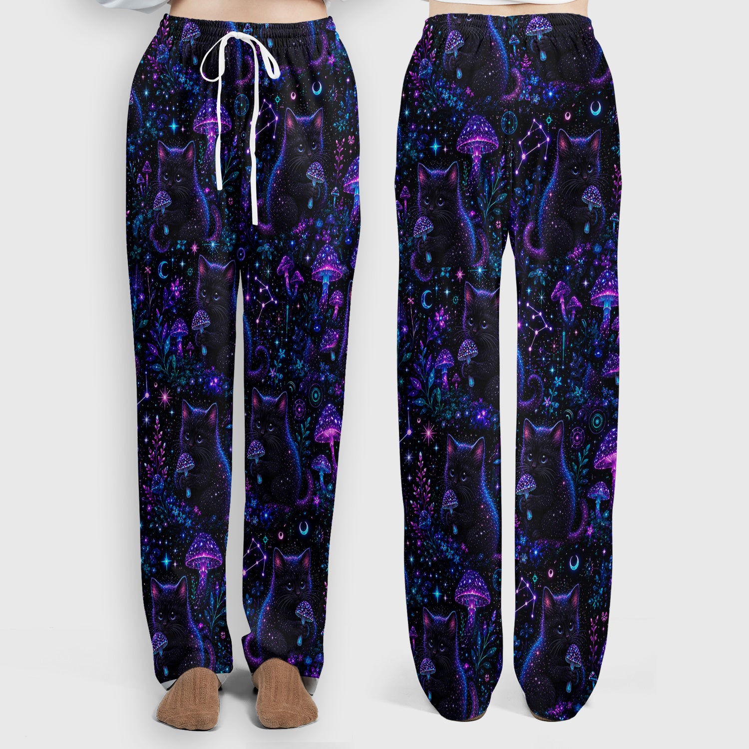 Neon Black Cat Mushroom Galaxy Pattern Scrub Set, Scrub Pants and V Neck Top