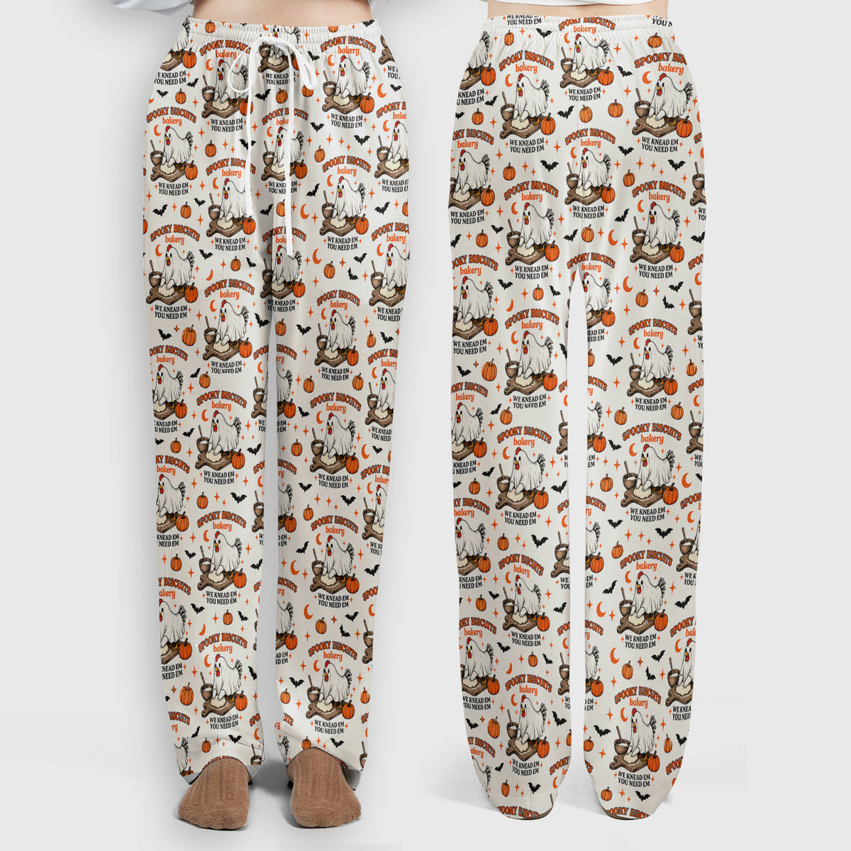 Halloween Spooky Biscuits Chicken Pattern Scrub Set, Scrub Pants and V Neck Top