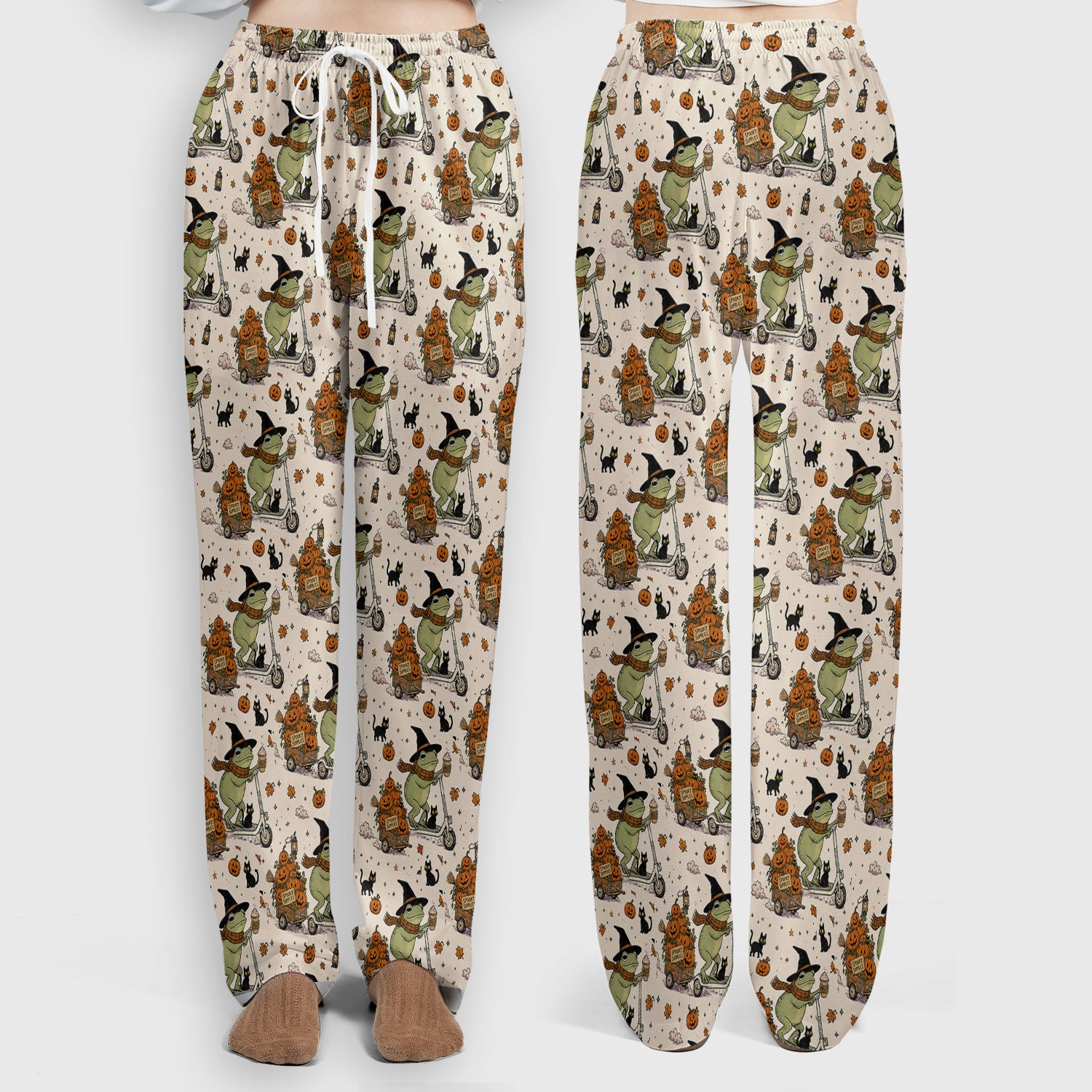 Cute Halloween Witch Frog And Pumpkins Scrub Set, Scrub Pants and V Neck Top