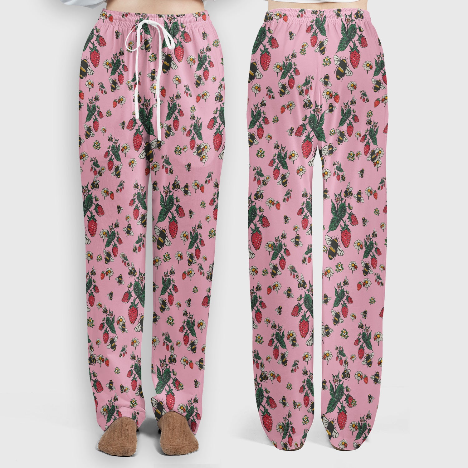Cute Strawberry Bee Daisy Floral Pattern Scrub Set, Scrub Pants and V Neck Top