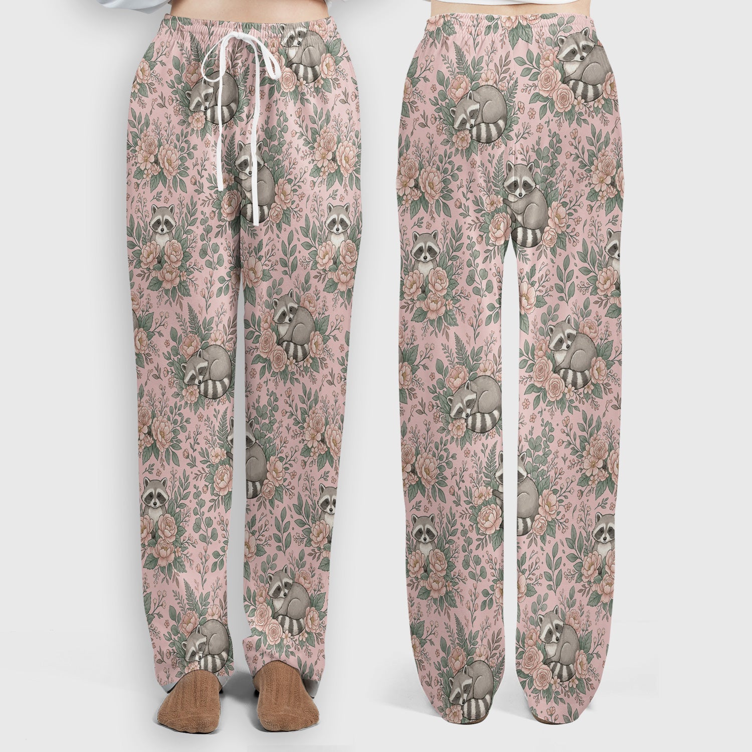 Sleeping Raccoon Rose Garden Pattern Scrub Set, Scrub Pants and V Neck Top