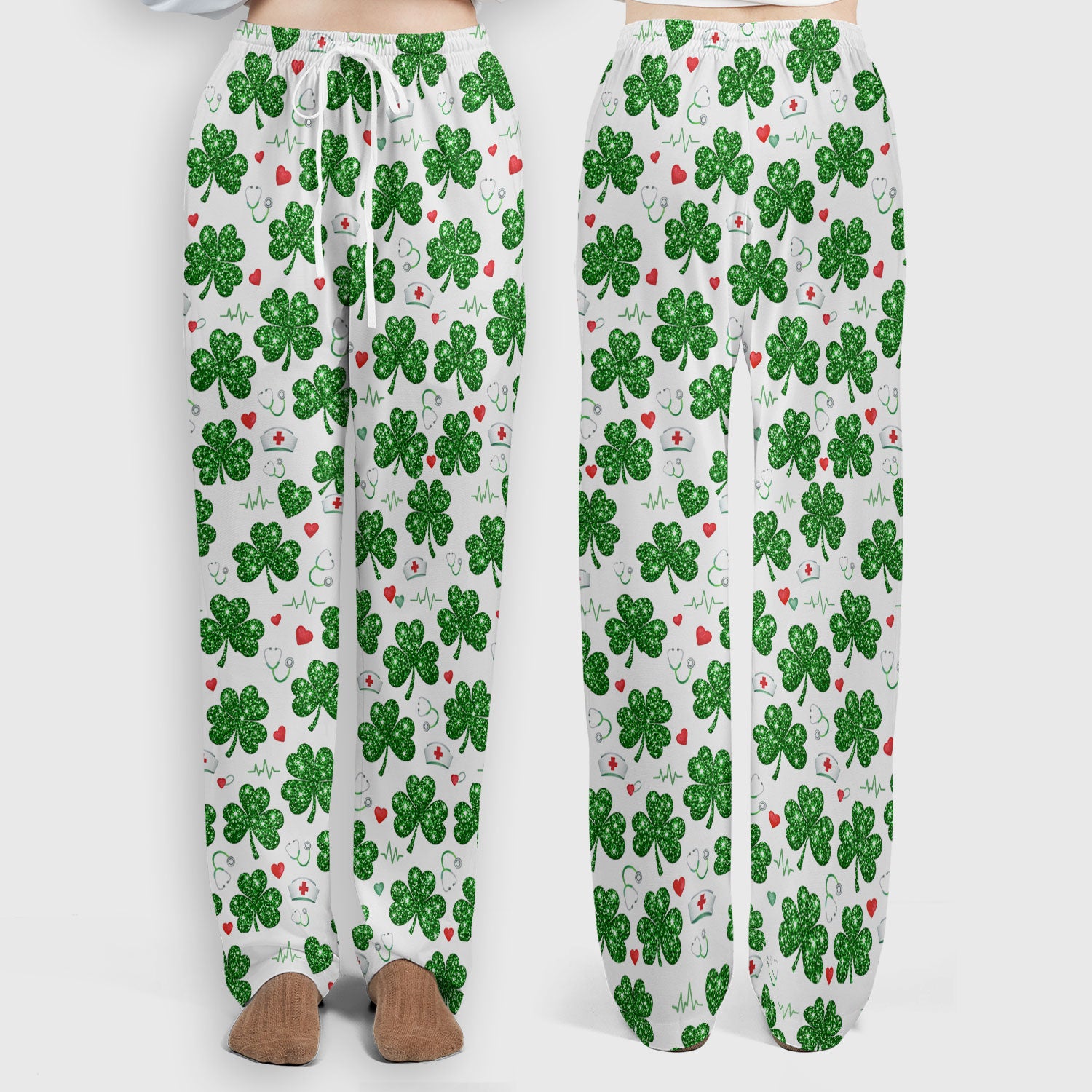 St. Patrick’s Day Nurse Scrub Set, Green Clover Medical Pattern Shirt, Breathable Fabrics Nursing Uniform