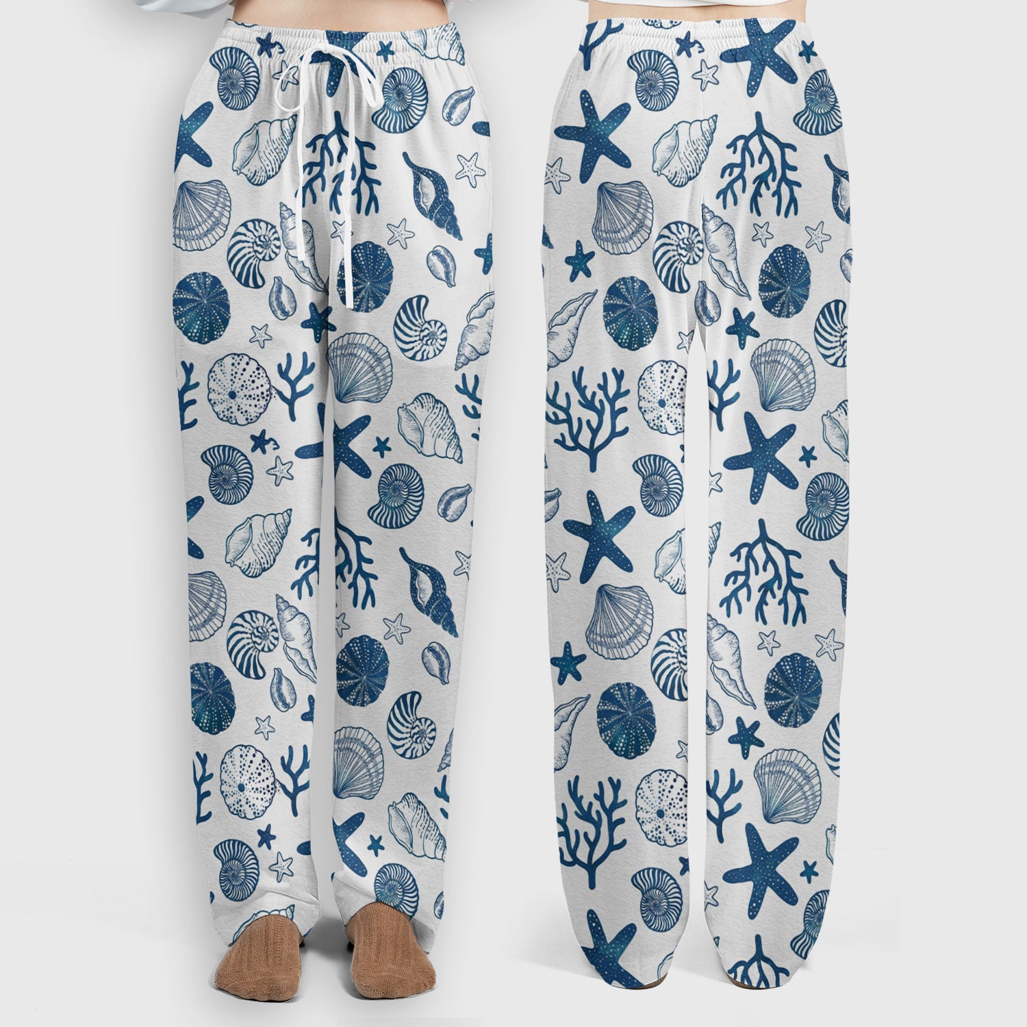 Cute Ocean Shell Starfish Pattern Scrub Set, Scrub Pants and V Neck Top