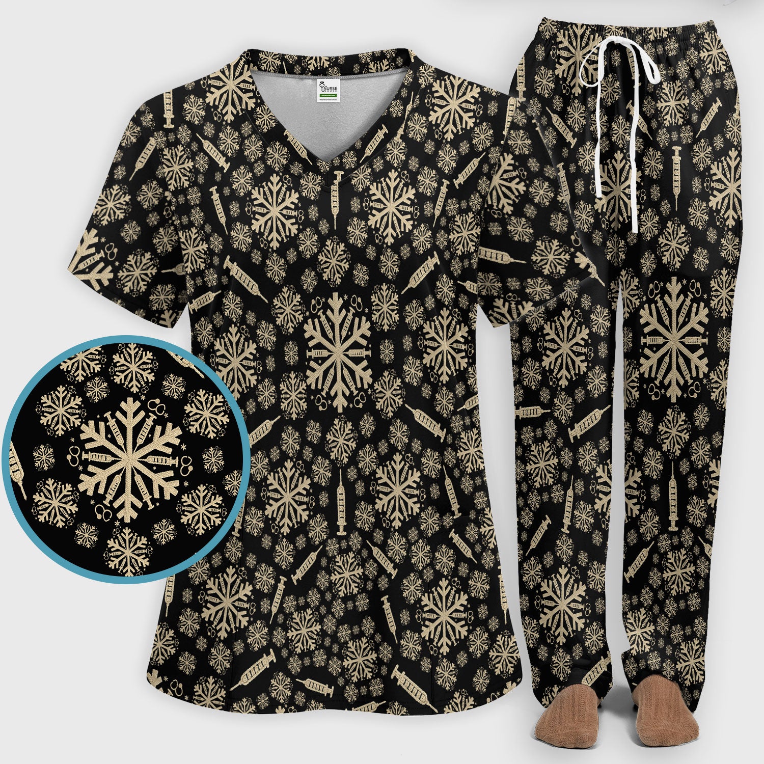 Snowflake Syringe Scrubs Pants and V Neck Top for Women - Winter Snow Medical Set - Funny Christmas Gift for Nurse