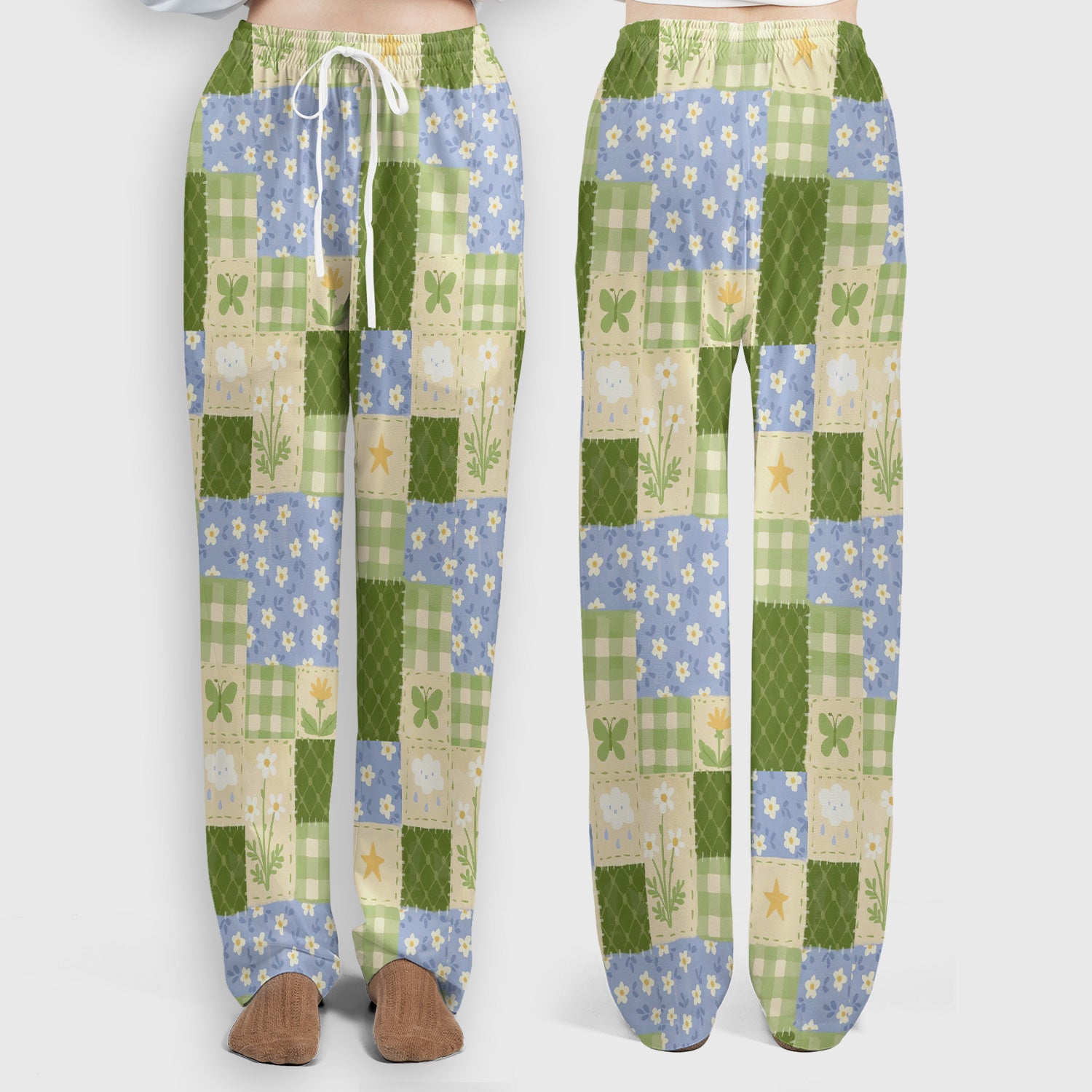 Green Patchwork Clover Floral Pattern Scrub Set, Scrub Pants and V Neck Top