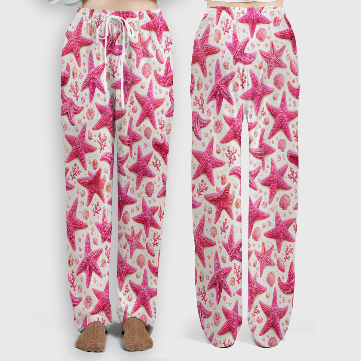 Pink Starfish And Seashell Pattern Scrub Set, Scrub Pants and V Neck Top