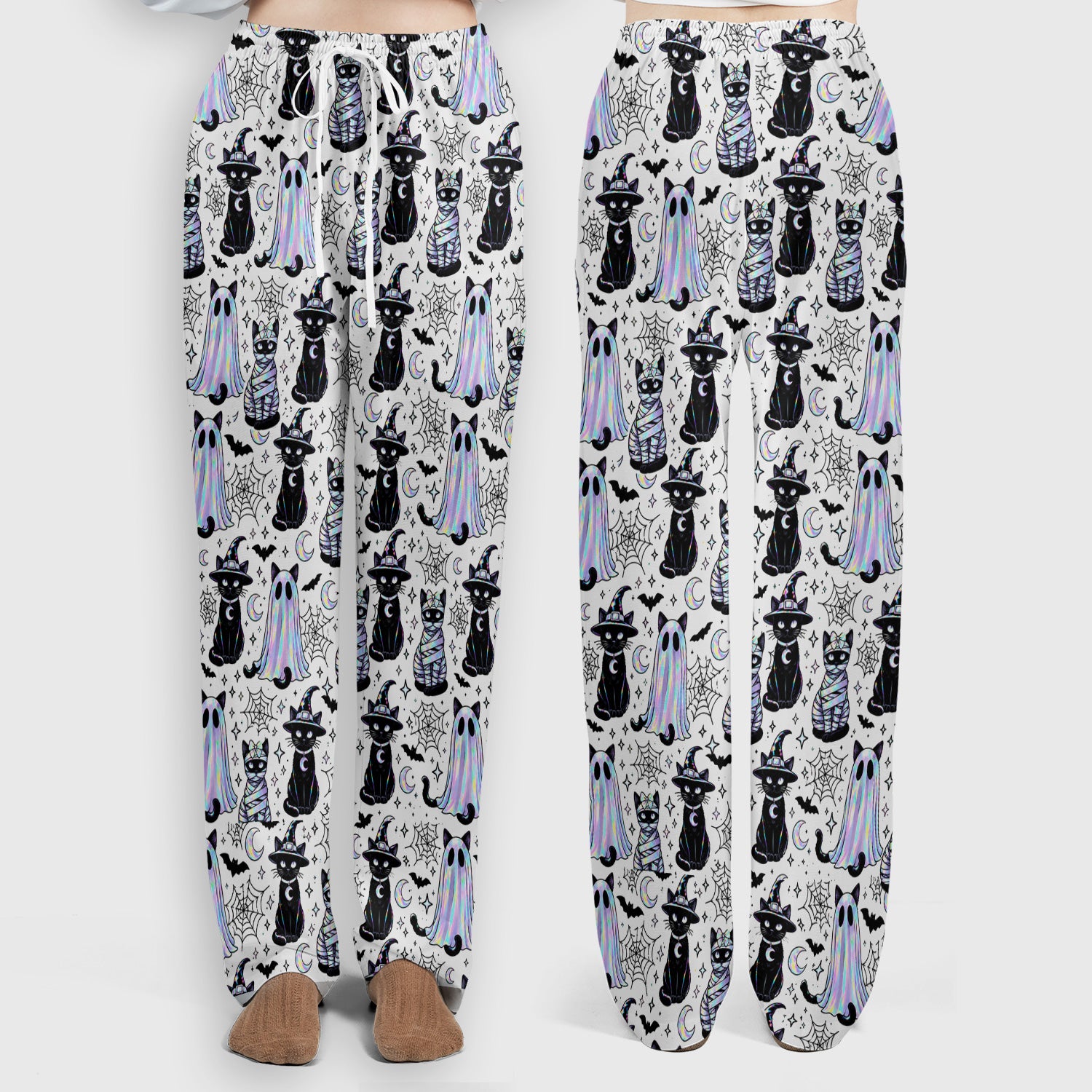 Ghost Witch Cat Pattern Scrub Set, Scrub Pants and V Neck Top