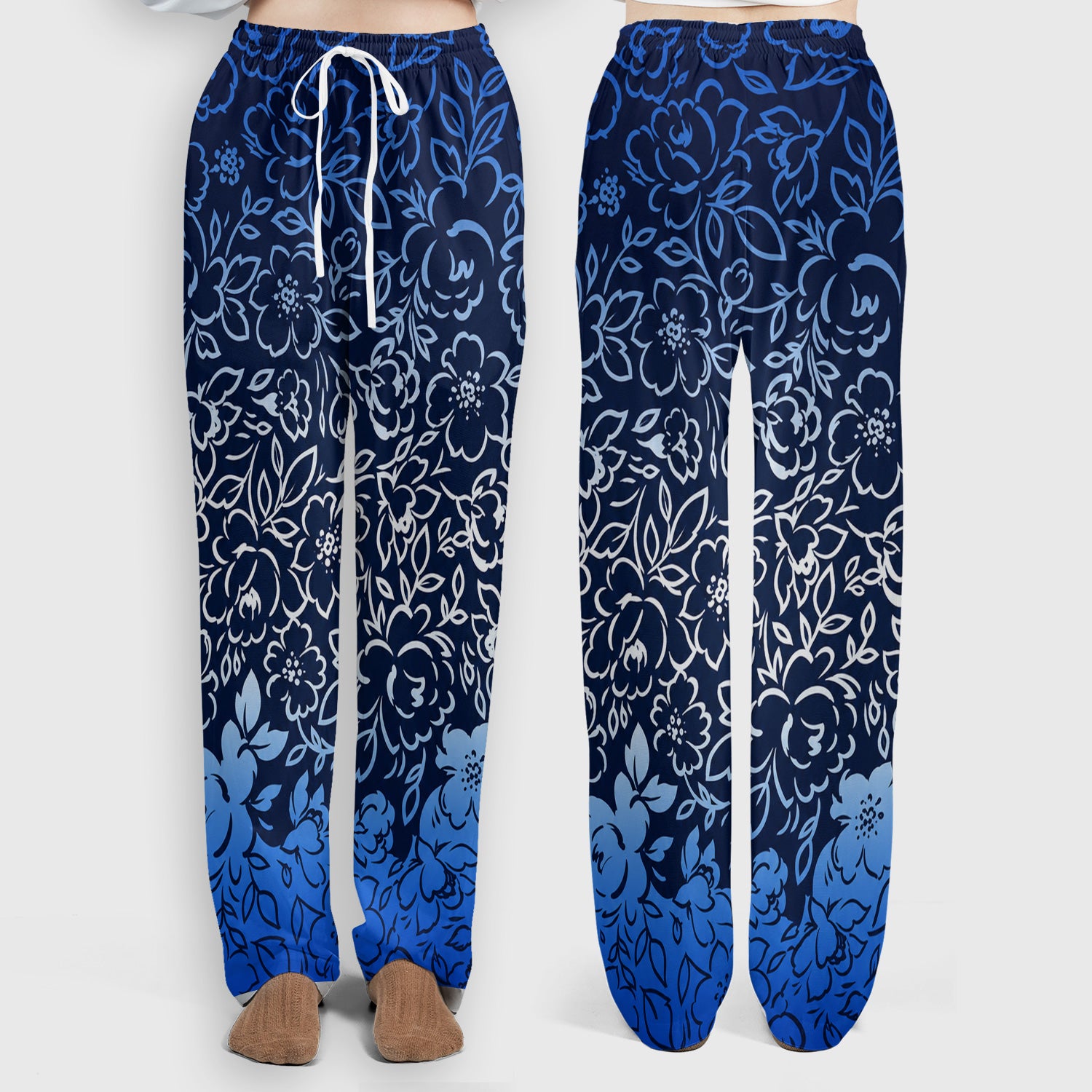 Navy Botanical Flower Print Scrub Set, Scrub Pants and V Neck Top