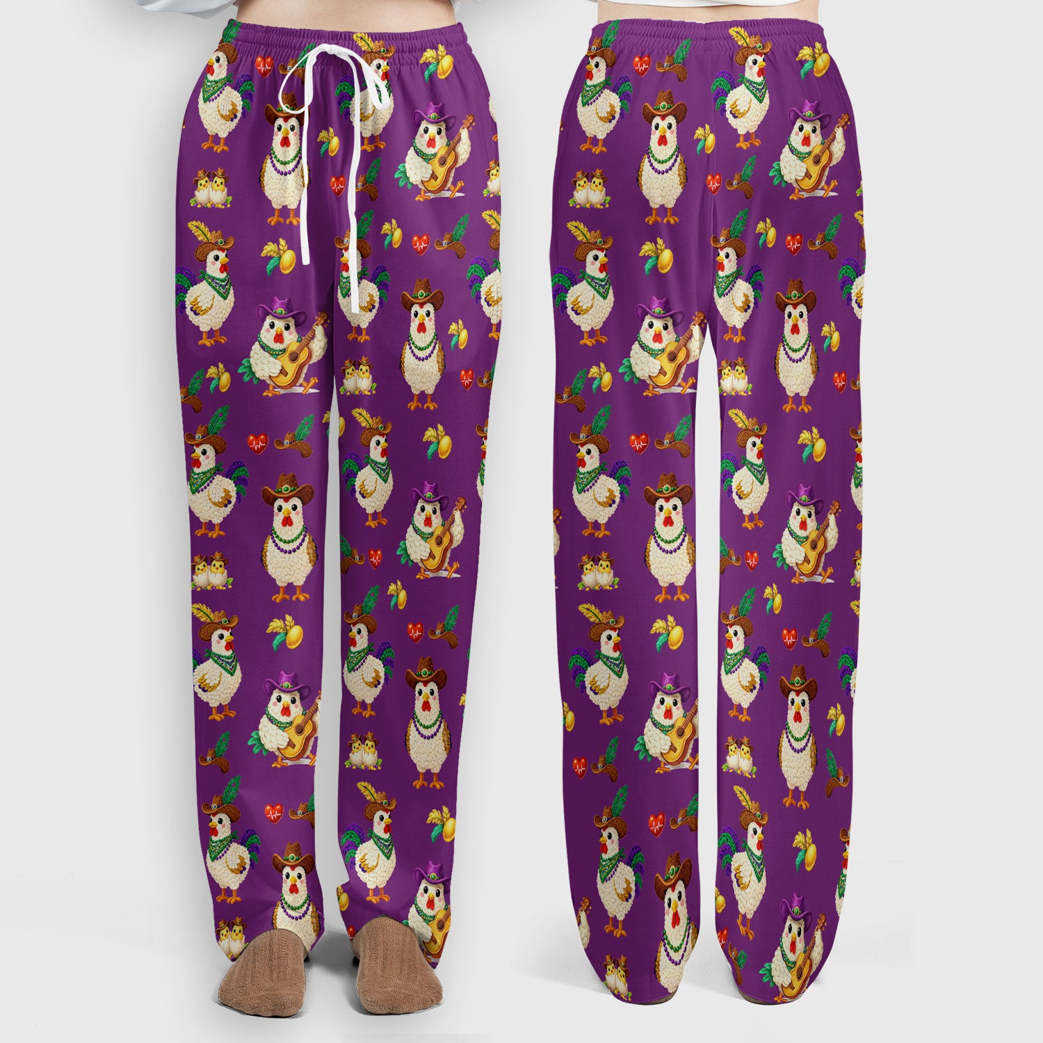 Funny Mardi Gras Rooster Cowboy Print Set, Women's Scrub Sets