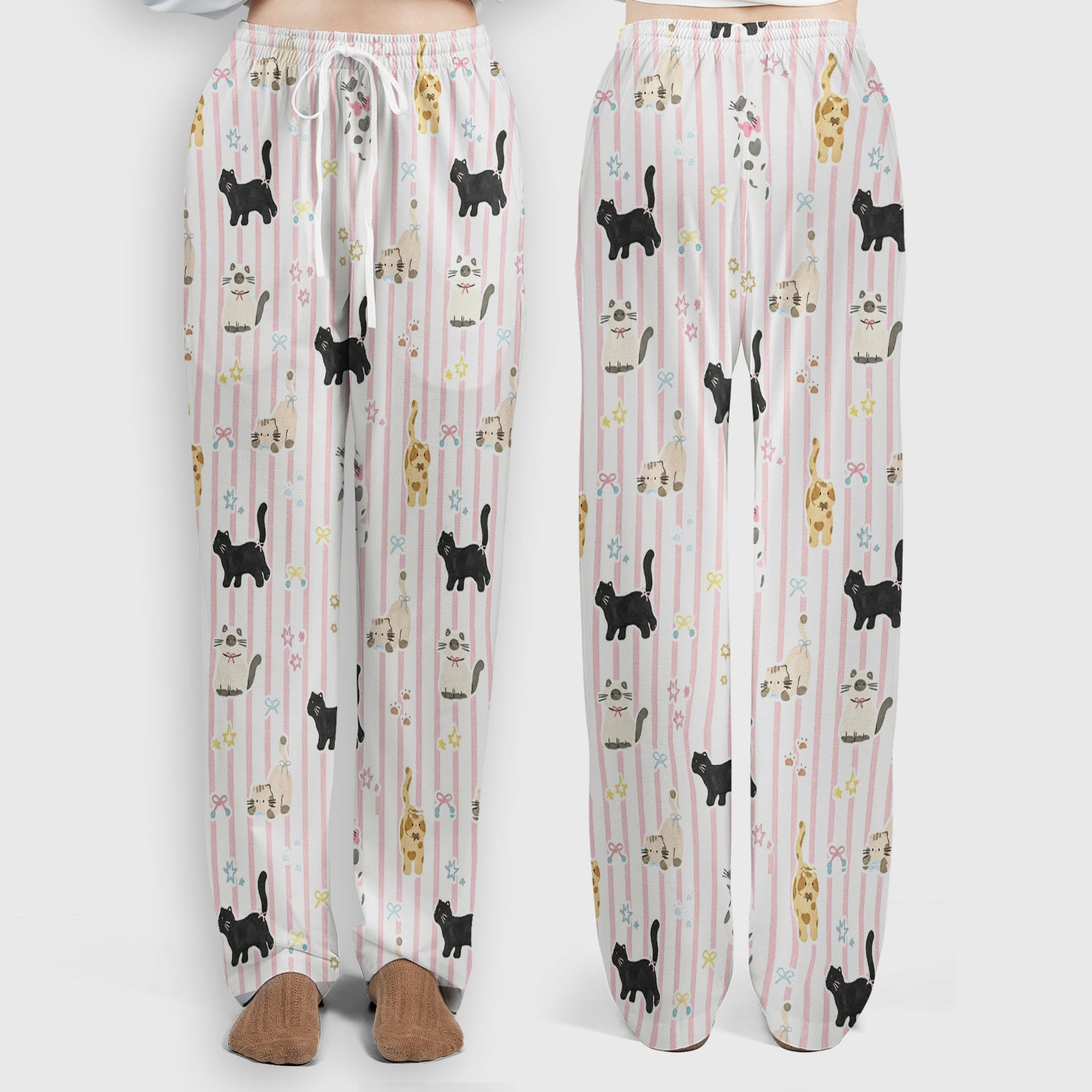 Cute Playful Cat Stripe Ribbon Pattern Scrub Set, Scrub Pants and V Neck Top