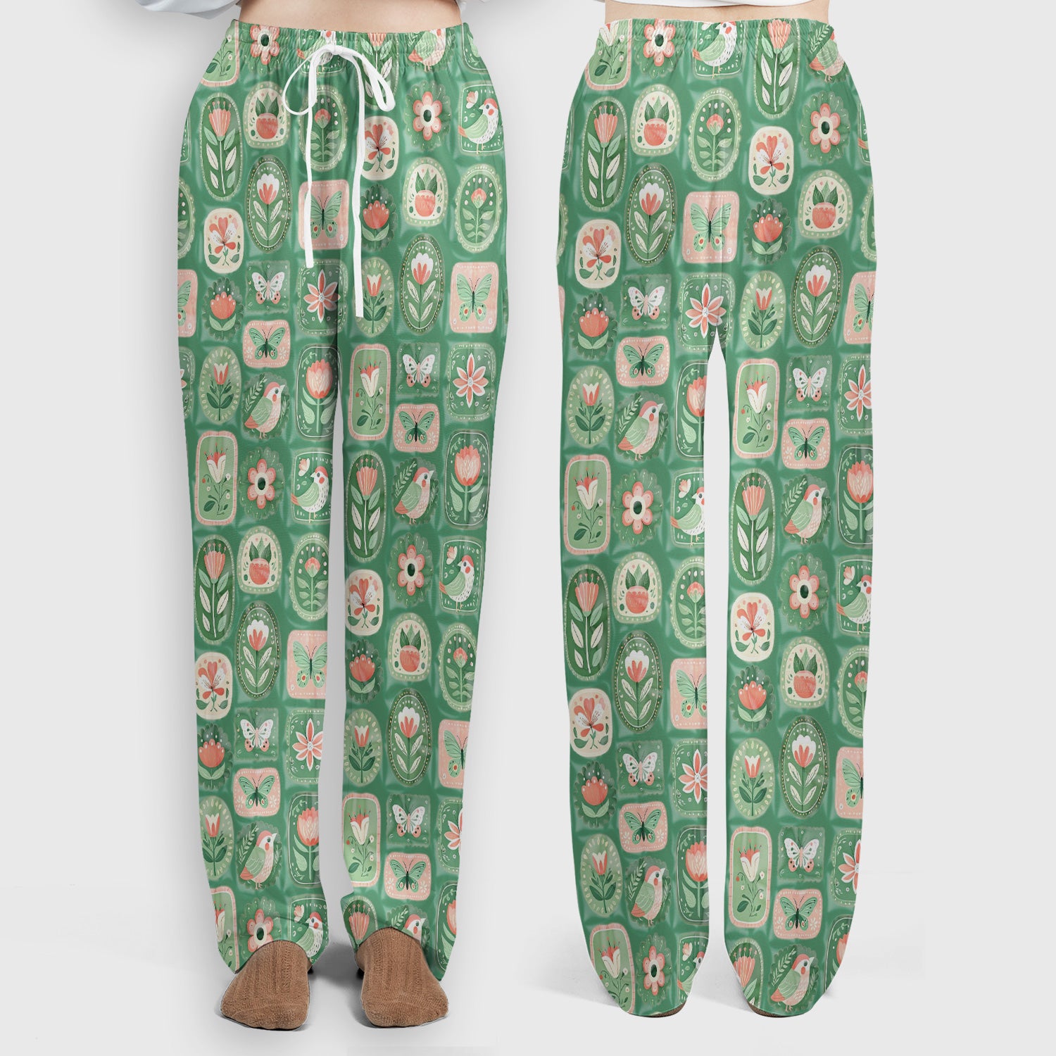 Folk Art Floral Bird Butterfly Garden Pattern Scrub Set, Scrub Pants and V Neck Top
