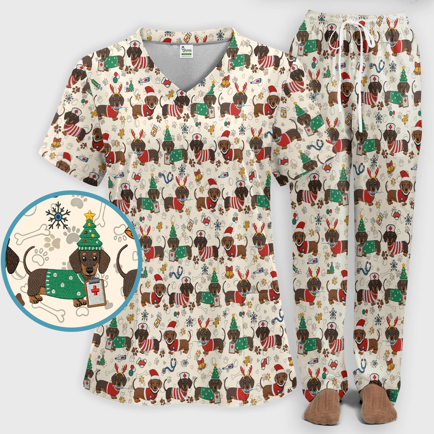 Christmas Dachshund Scrub Set for Nurses - Cute Wiener Dog Scrubs Pants and V Neck Top - Cute Puppy Med Uniform Gift for Women