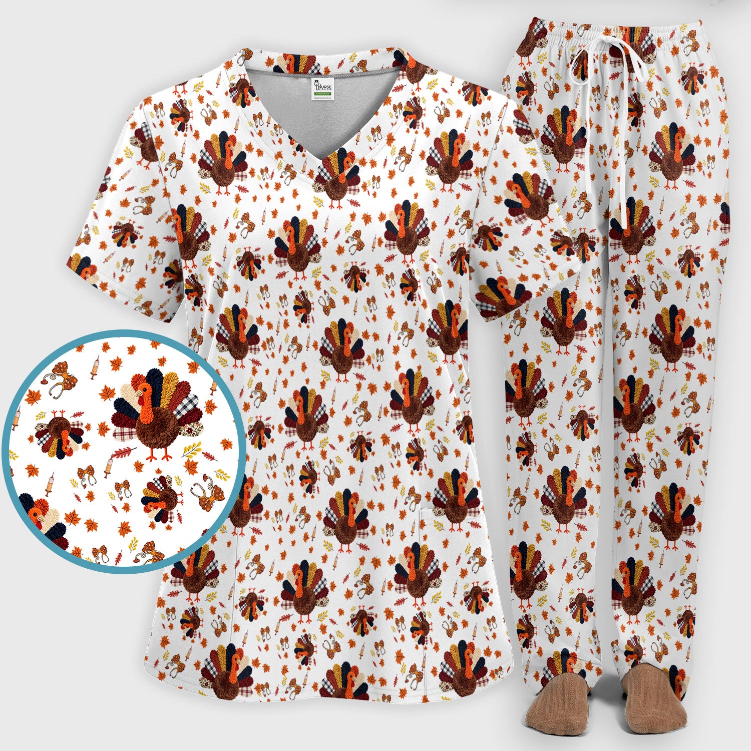 Thanksgiving Women's Scrub Sets - Funny Autumn Turkey Pants and V Neck Top - Breathable Fabrics Nursing Uniform