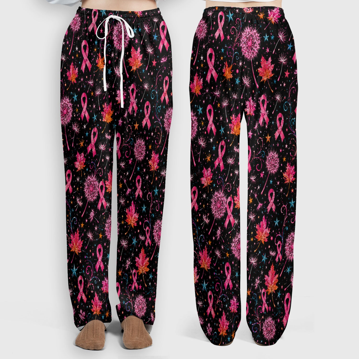 Breast Cancer Awareness Pink Ribbon Fall Scrub Set, Scrub Pants and V Neck Top