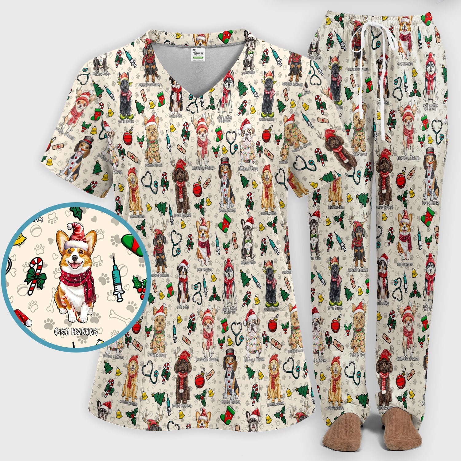 Christmas Dog Scrub Set for Nurses - Dachshund, Husky, Poodle, Corgi & Labrador Holiday Scrub Top and Pants - Funny Santa Medical Shirt