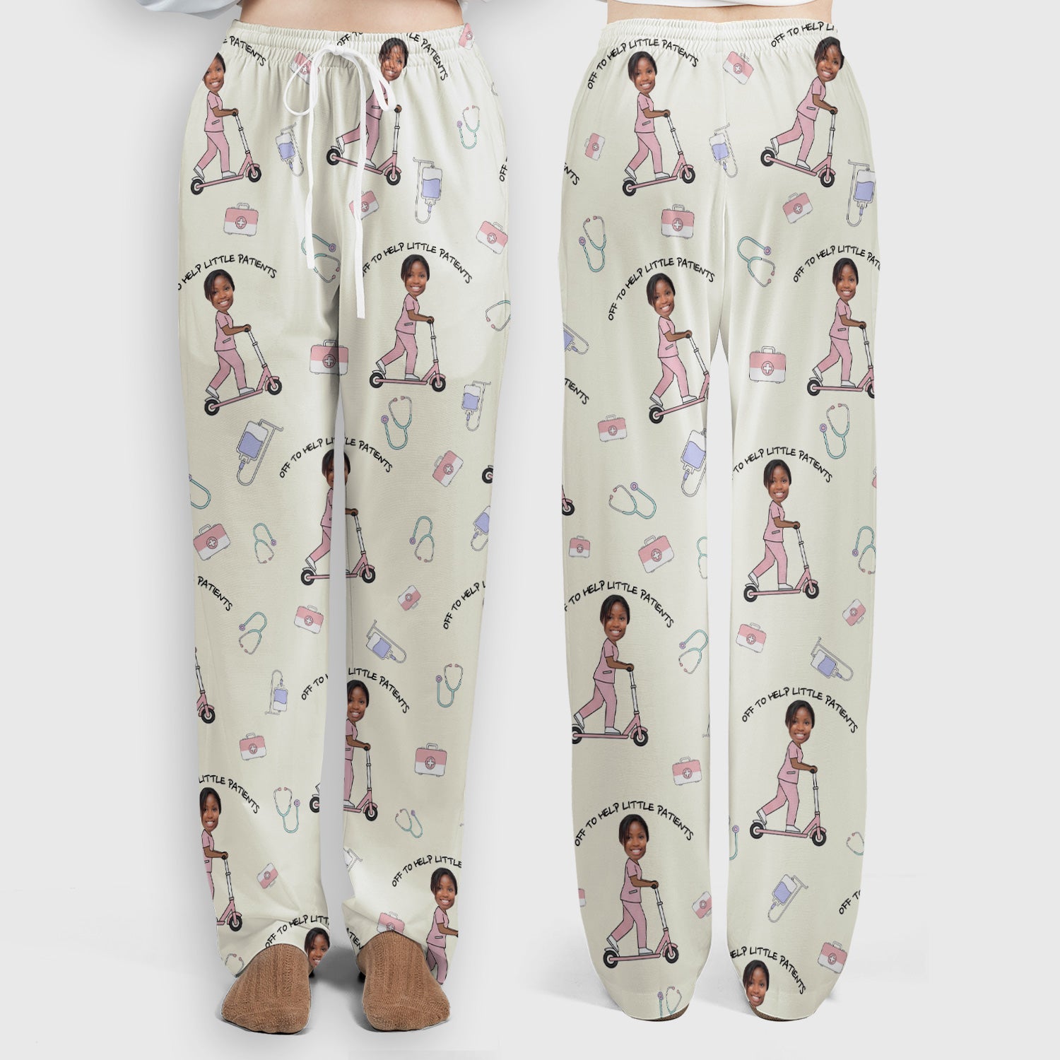 Custom Face Pediatric Nurse Scooter Pattern Scrub Set, Scrub Pants and V Neck Top
