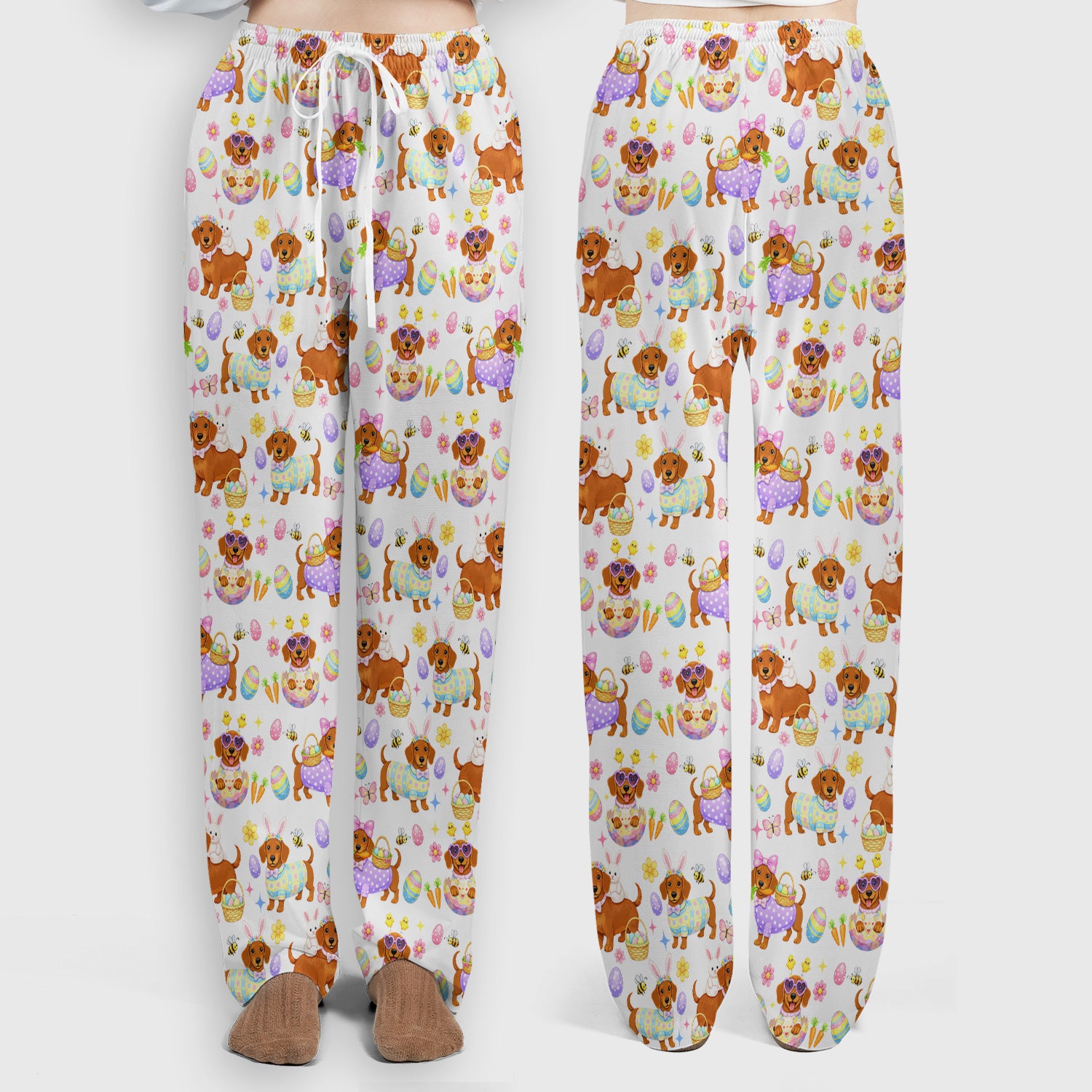 Cute Easter Dachshund Dog Pattern Scrub Set, Scrub Pants and V Neck Top