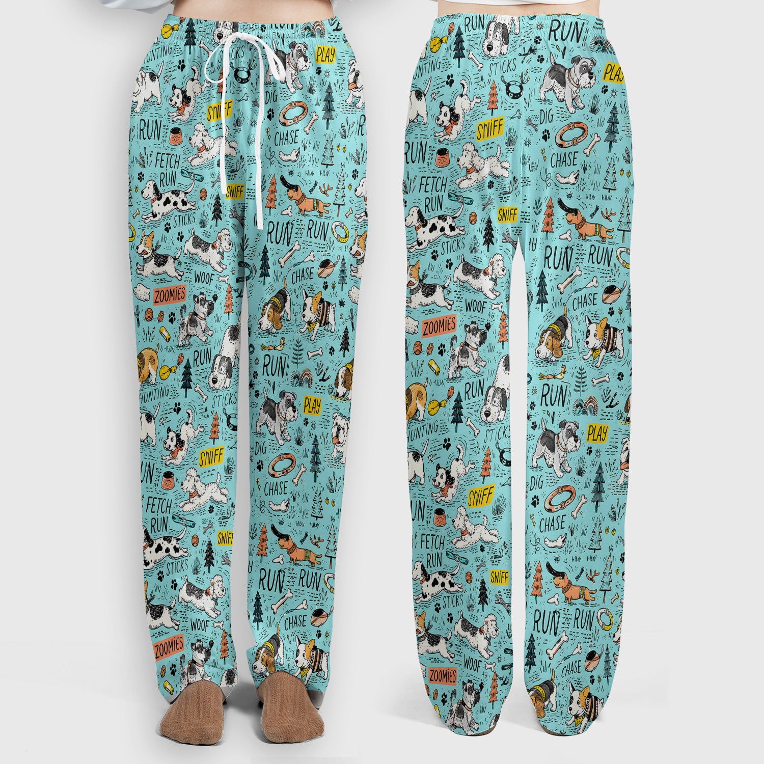 Playful Cartoon Puppy Adventure Pattern Scrub Set, Scrub Pants and V Neck Top