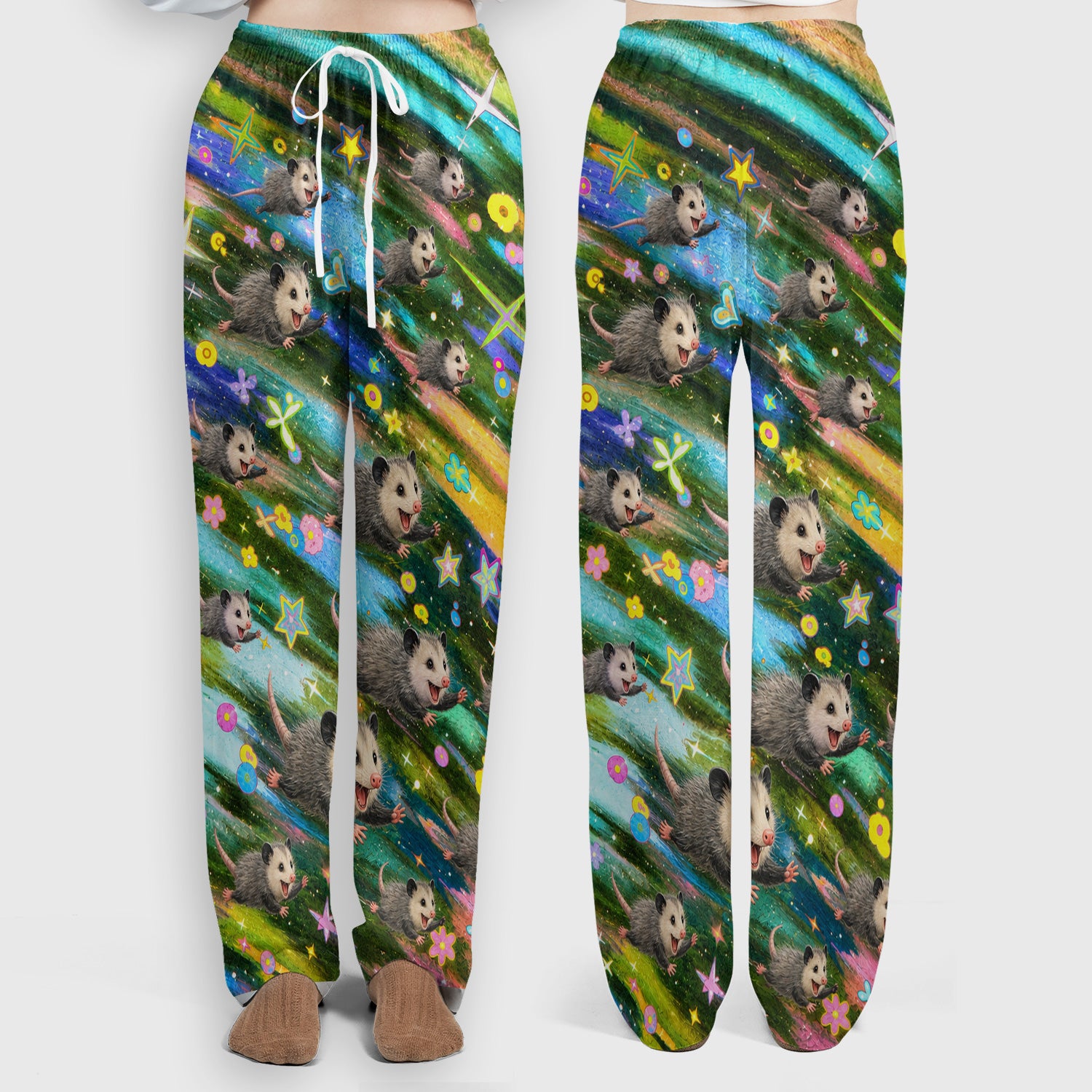 Colorful Opossum Rainbow Stars Print Scrub Set, Scrub Pants and V Neck Top