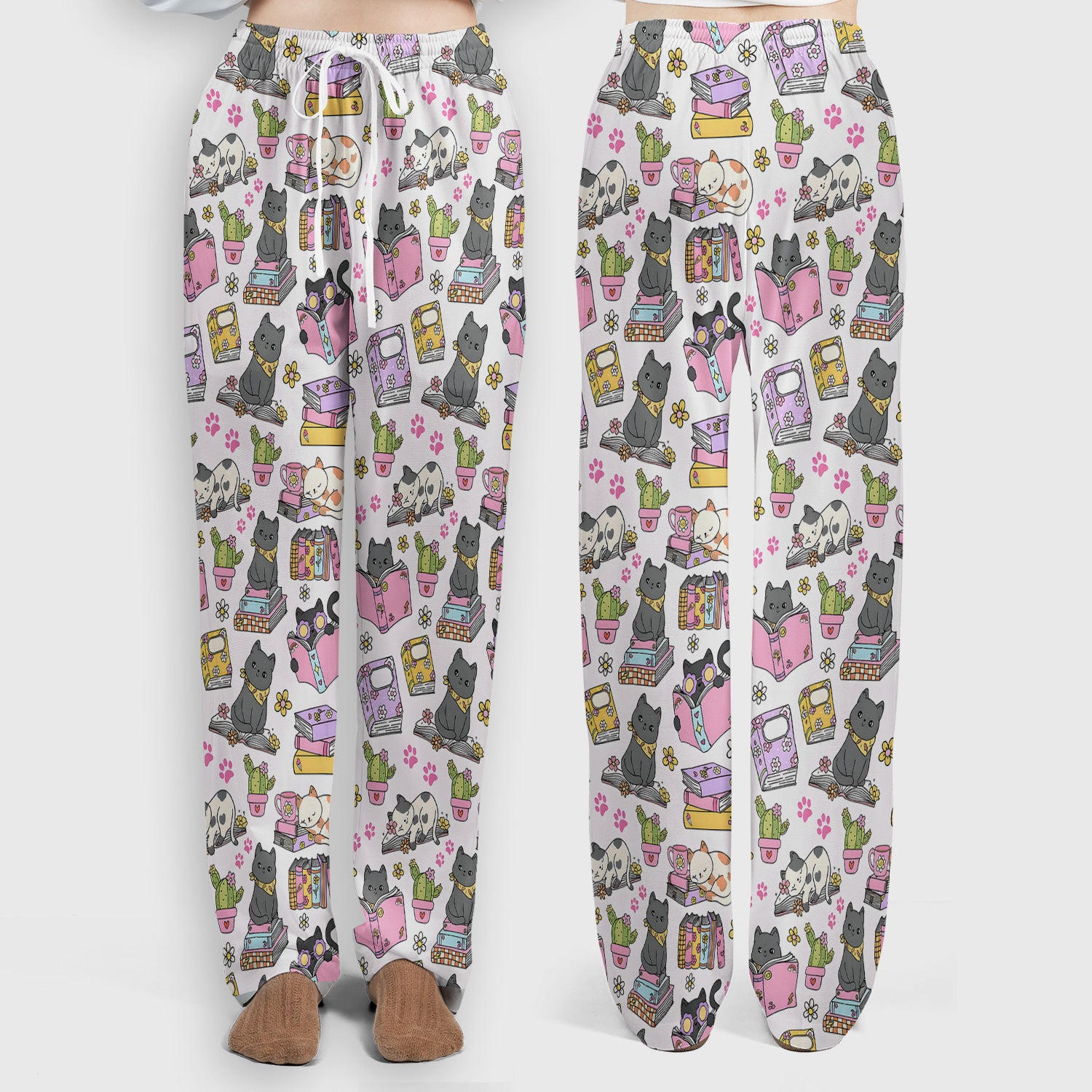 Cute Cat Book Cactus Seamless Pattern Scrub Set, Scrub Pants and V Neck Top