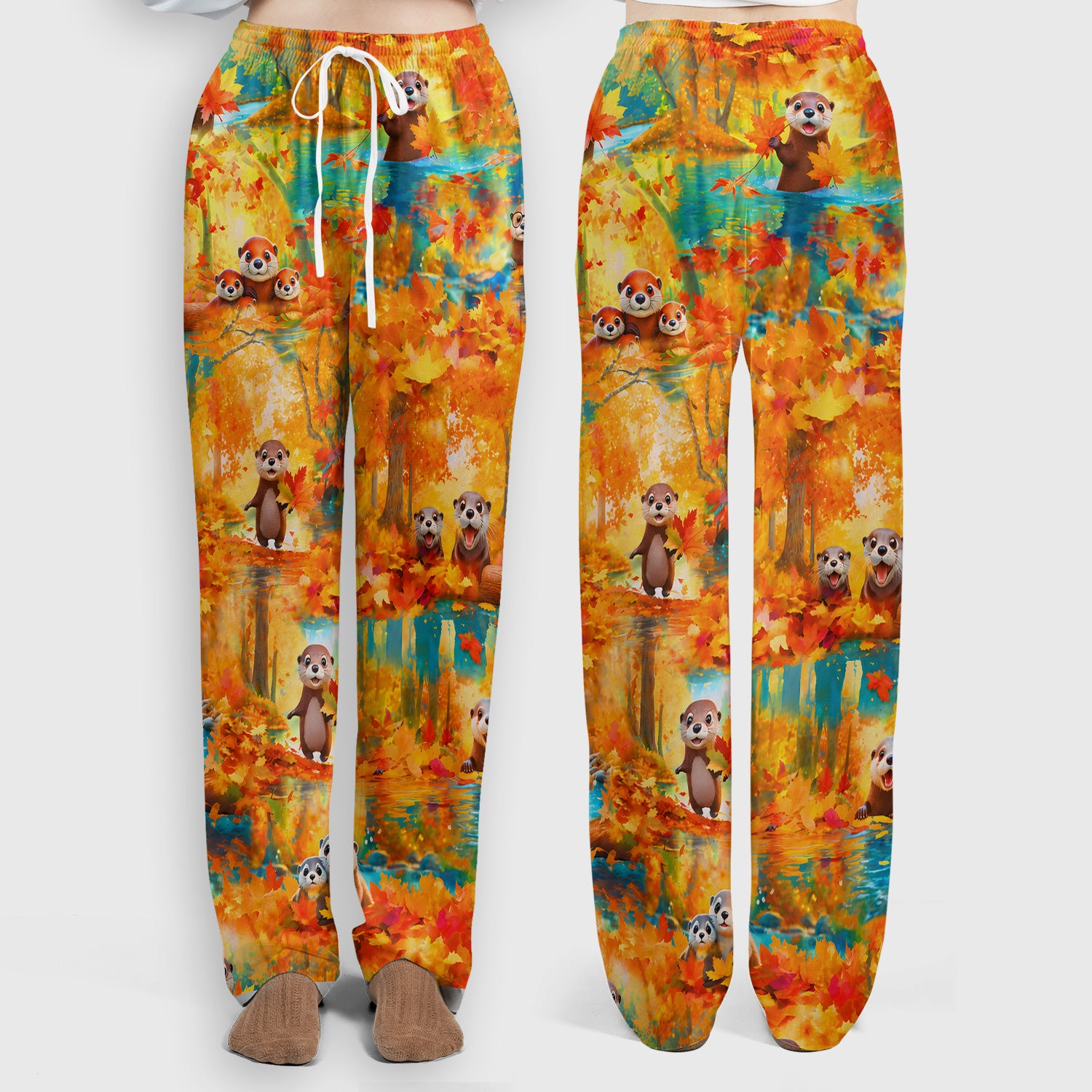 Cute Autumn Otter Leaf Forest Pattern Scrub Set, Scrub Pants and V Neck Top