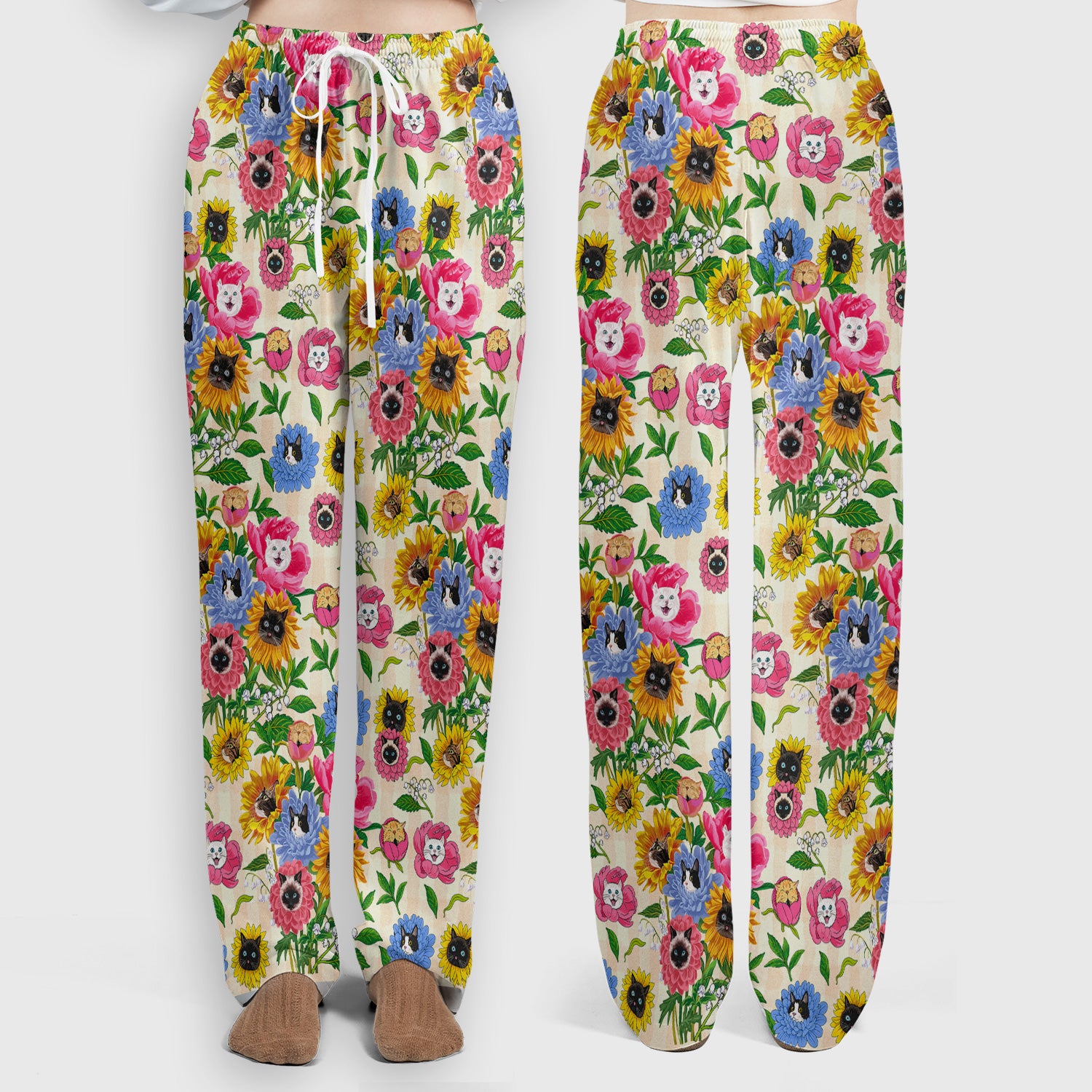 Cat Face Hidden In Colorful Flower Garden Scrub Set, Scrub Pants and V Neck Top
