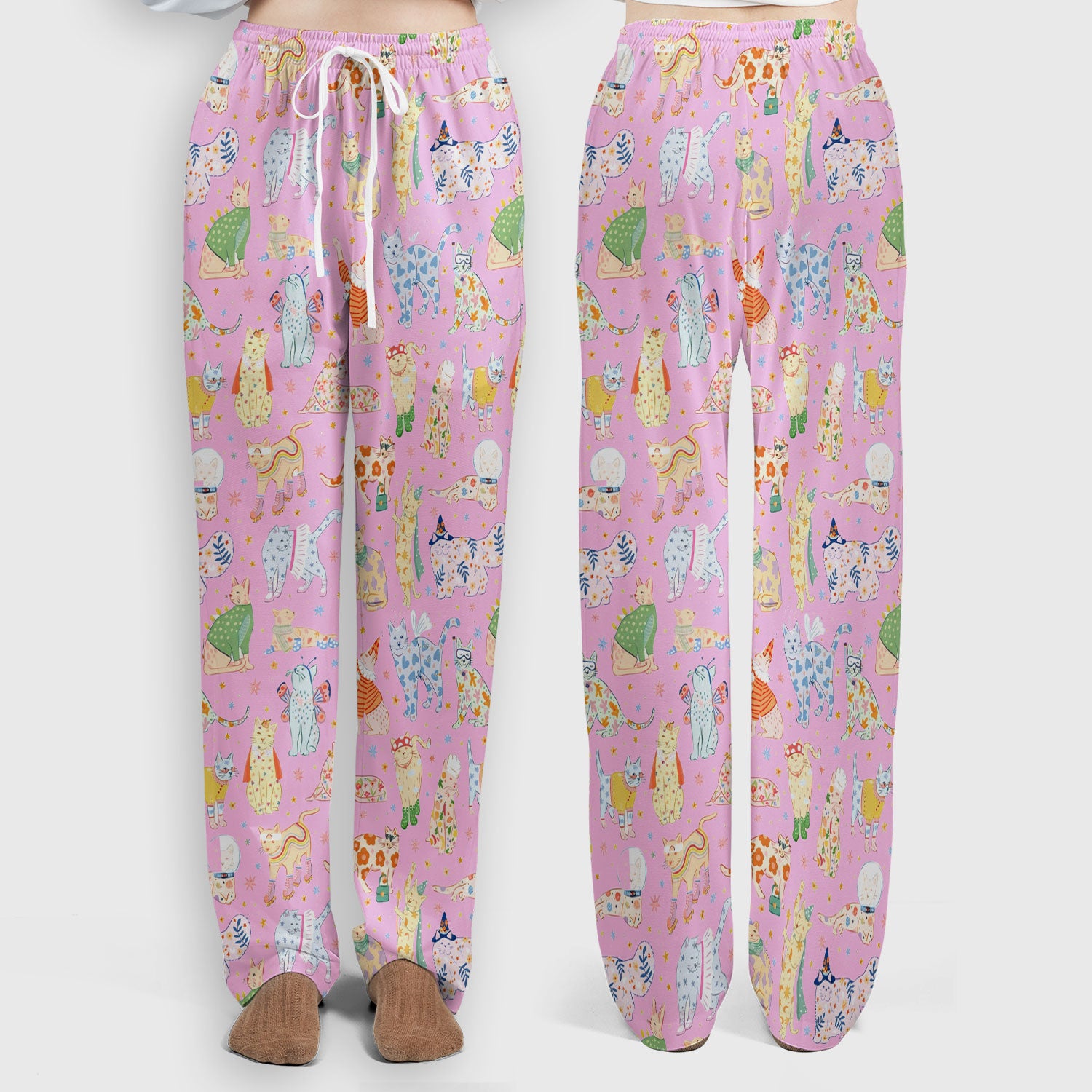 Colorful Pastel Cartoon Cats Print Scrub Set, Breathable Med Uniform