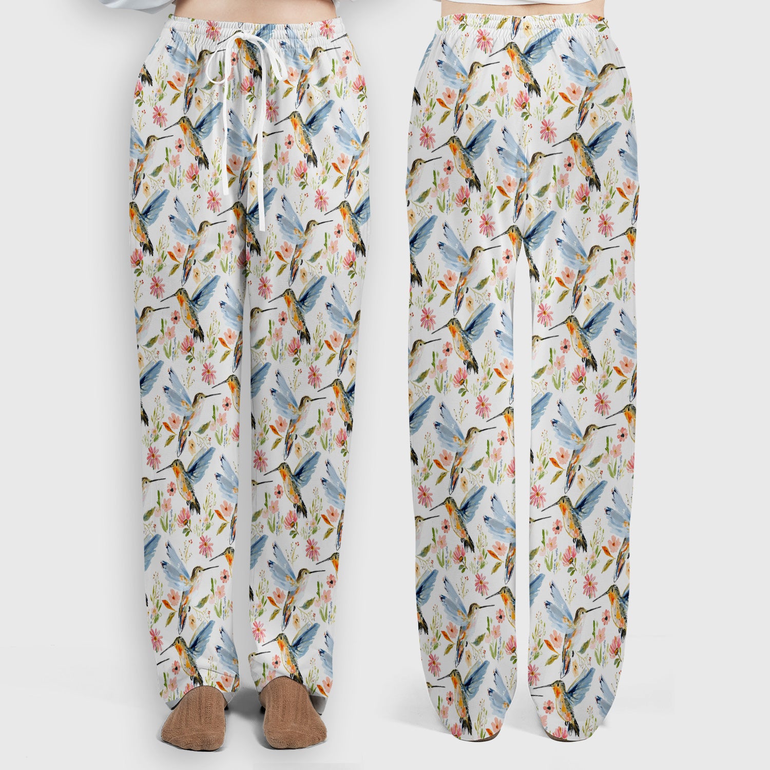 Watercolor Hummingbird Floral Pattern Scrub Set, Scrub Pants and V Neck Top