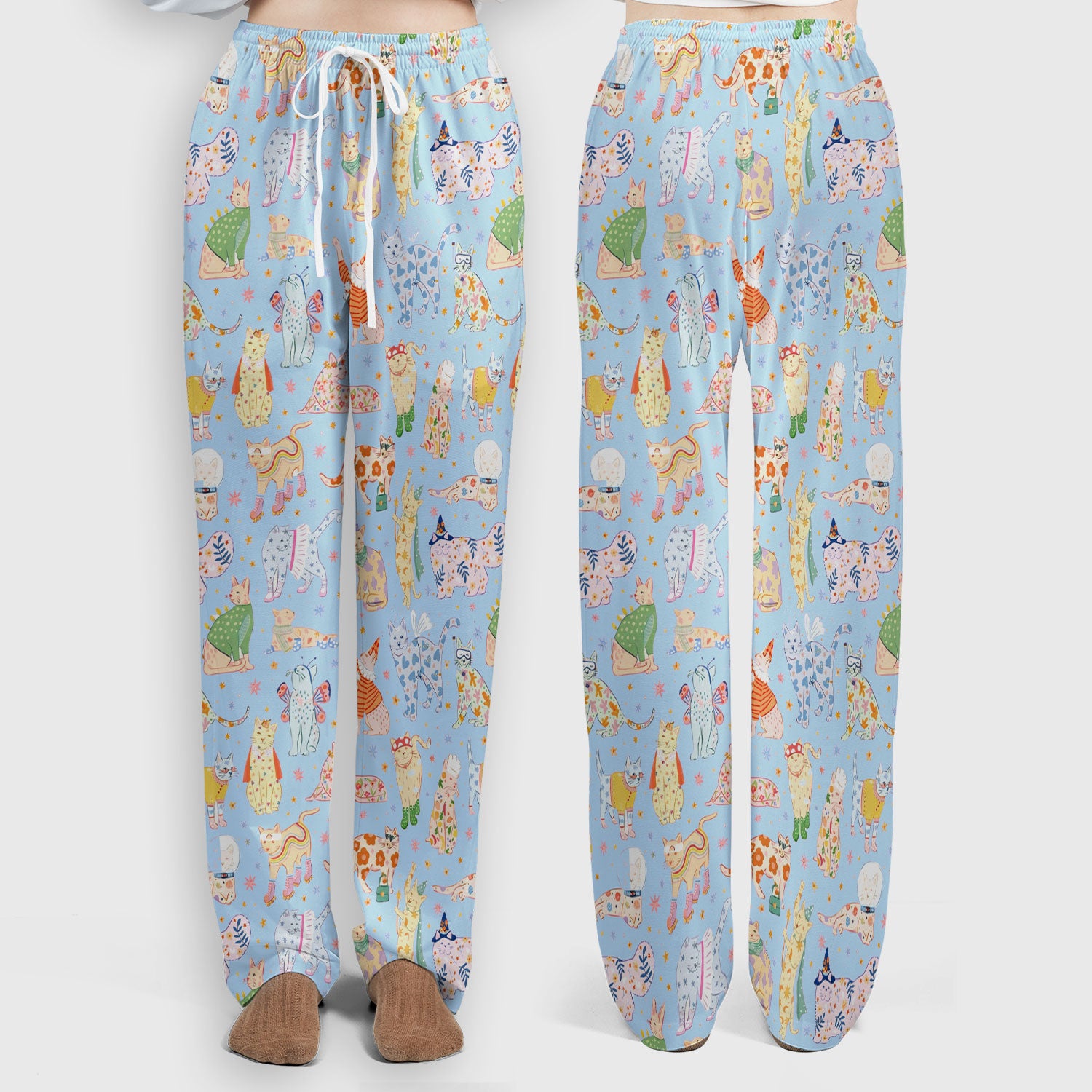 Colorful Pastel Cartoon Cats Print Scrub Set, Breathable Med Uniform