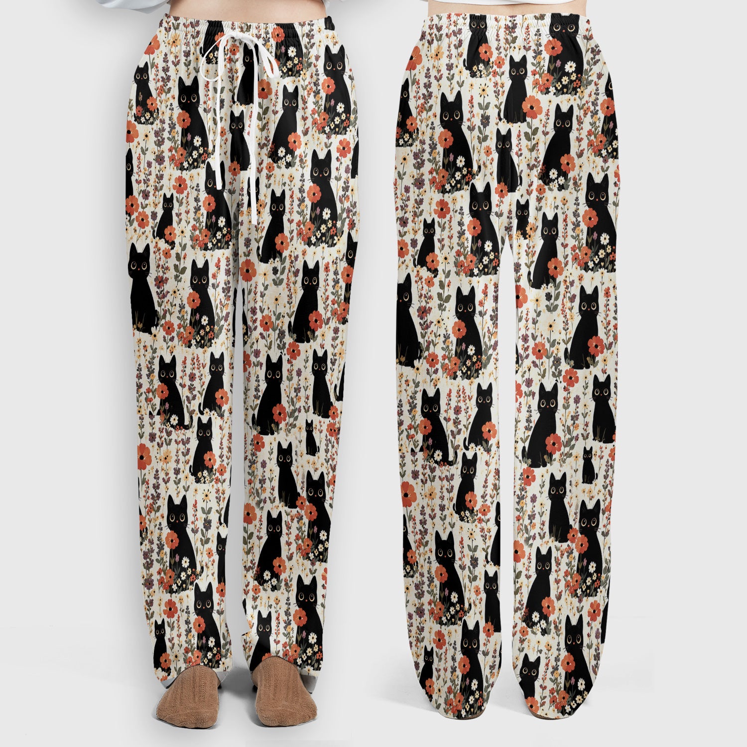 Cute Black Cat Wildflower Pattern Scrub Set, Scrub Pants and V Neck Top