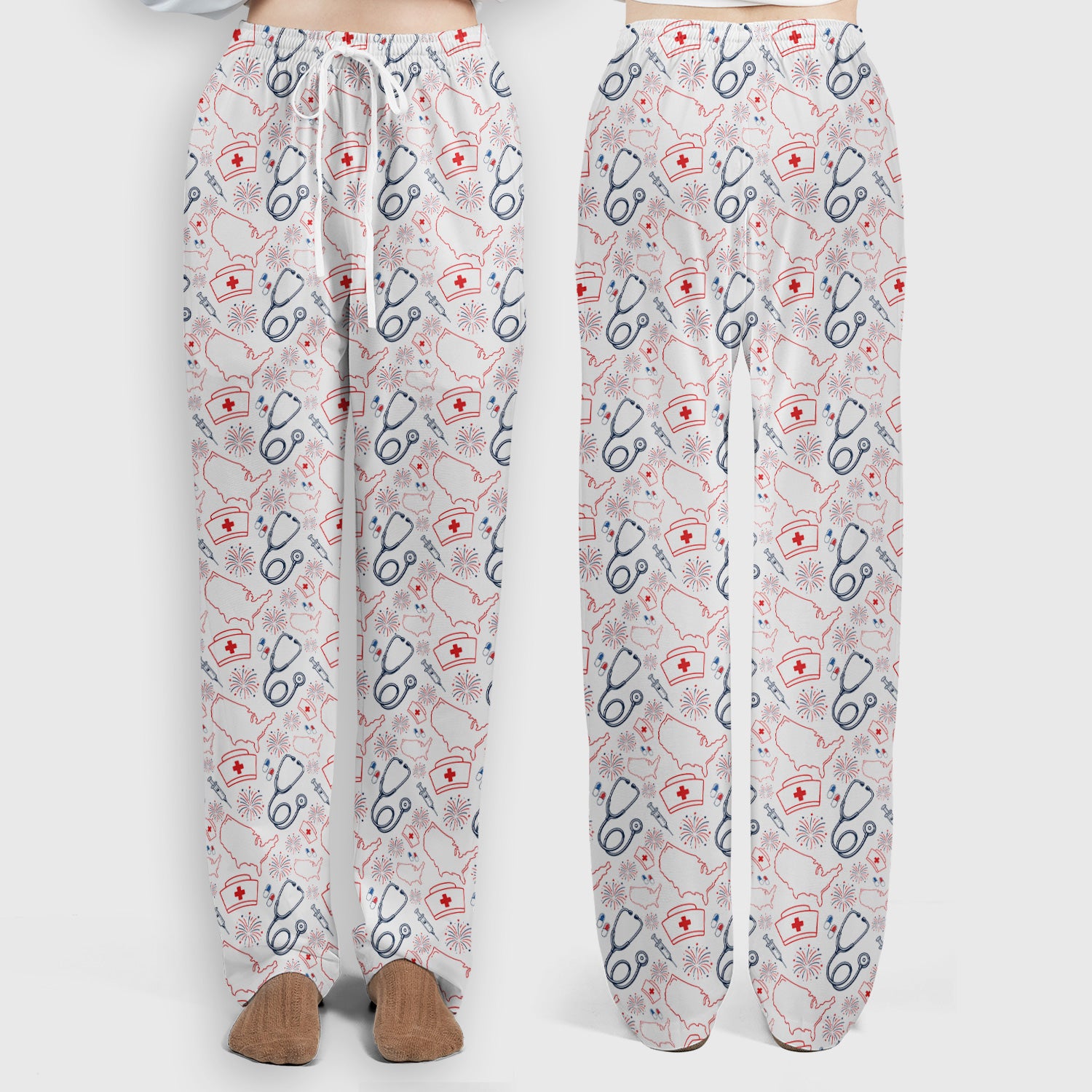 Patriotic Nurse Stethoscope Flag Pattern Scrub Set, Scrub Pants and V Neck Top