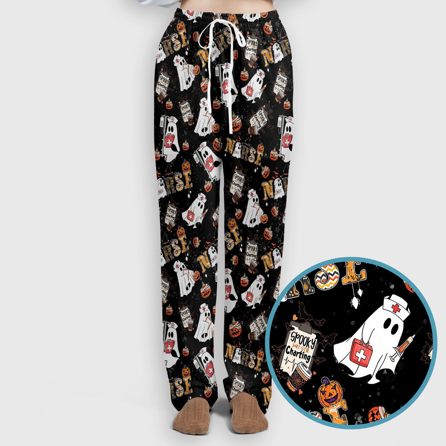 Halloween Women's Scrub Sets - Spooky But Still Charting - Funny Scrubs for Nurses - Horror Pumpkin Scrub Pants and V Neck Top