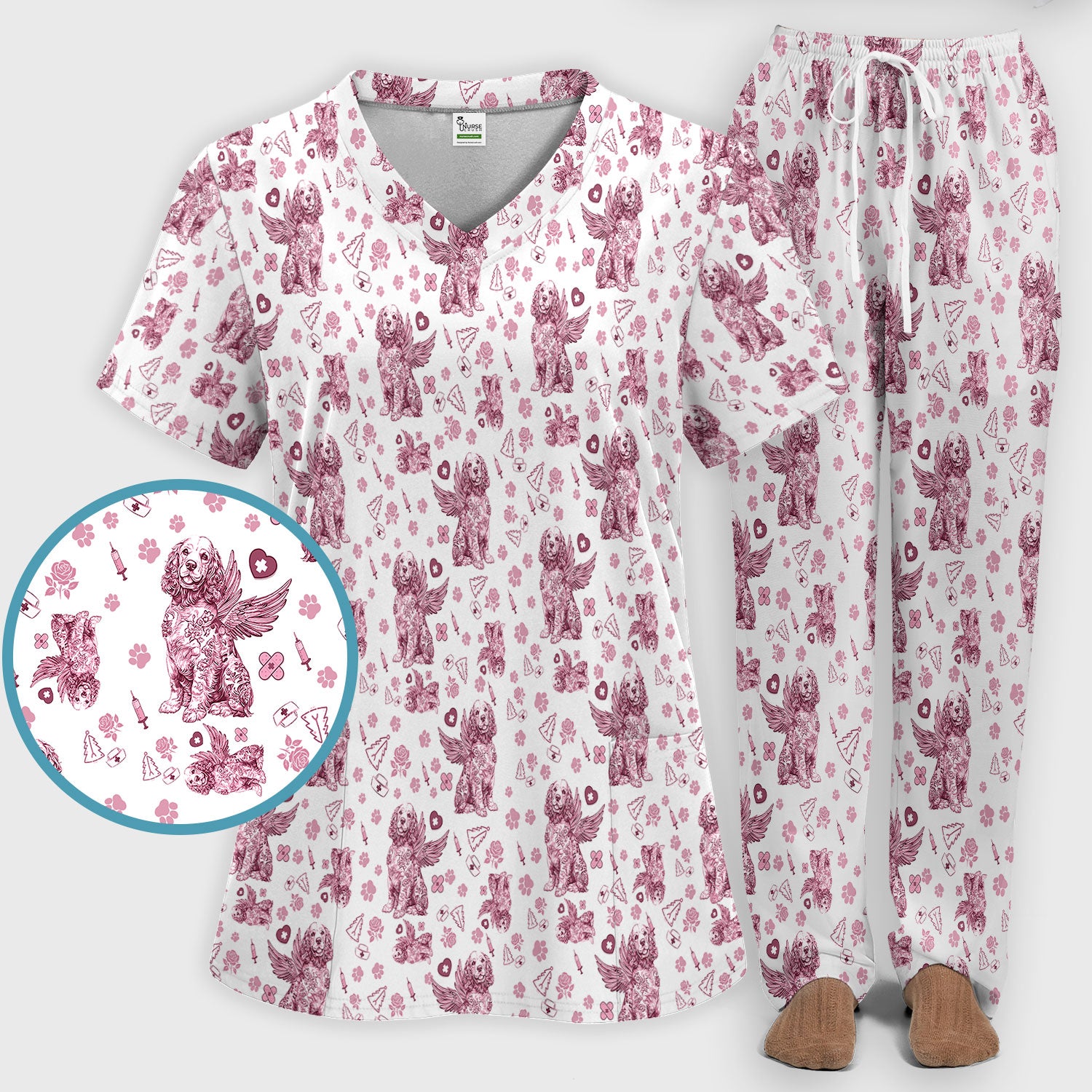 Toile De Jouy Scrub Set for Nurses - Angel Puppy Medical Uniform - Floral Dog in Heaven Gift for Women, Vet Techs, RN CNA LPN